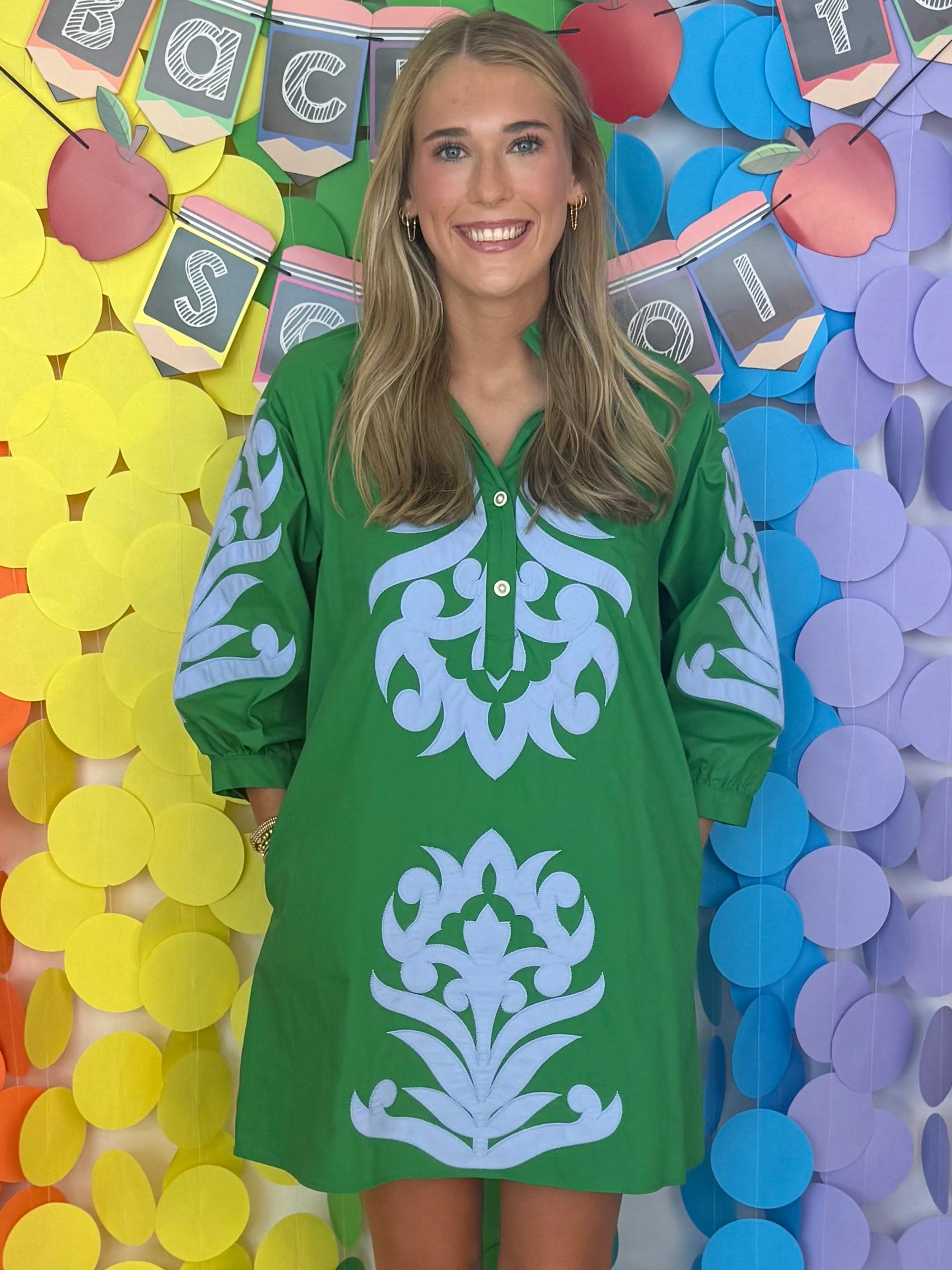 Well Defined Kelly Green Floral Applique Dress-Shop-Womens-Boutique-Clothing