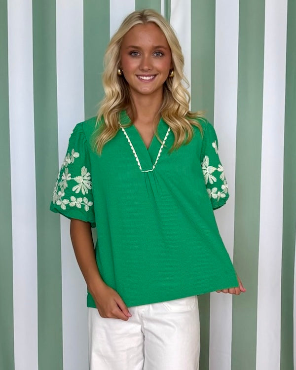 New Beginnings Green Embroidered Top-Shop-Womens-Boutique-Clothing
