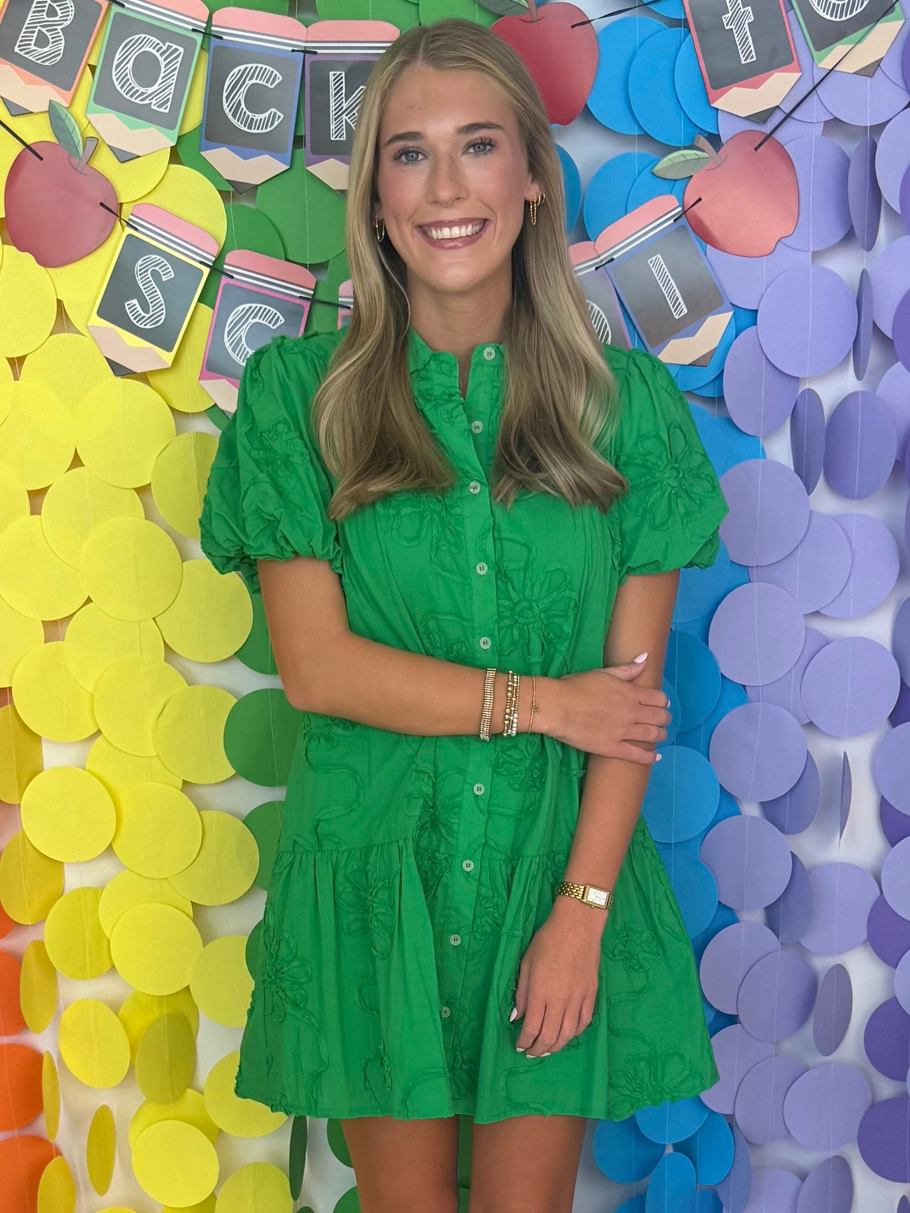 Dockside Kelly Green Embroidery Detail Button Front Dress-Shop-Womens-Boutique-Clothing