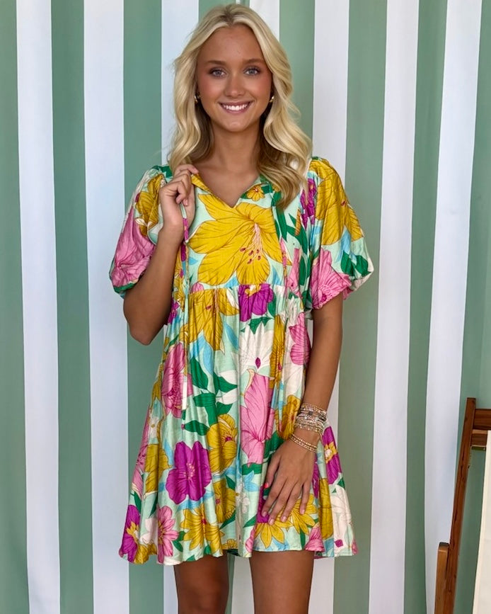 Radiant Garden Mint Floral Print Babydoll Dress-Shop-Womens-Boutique-Clothing