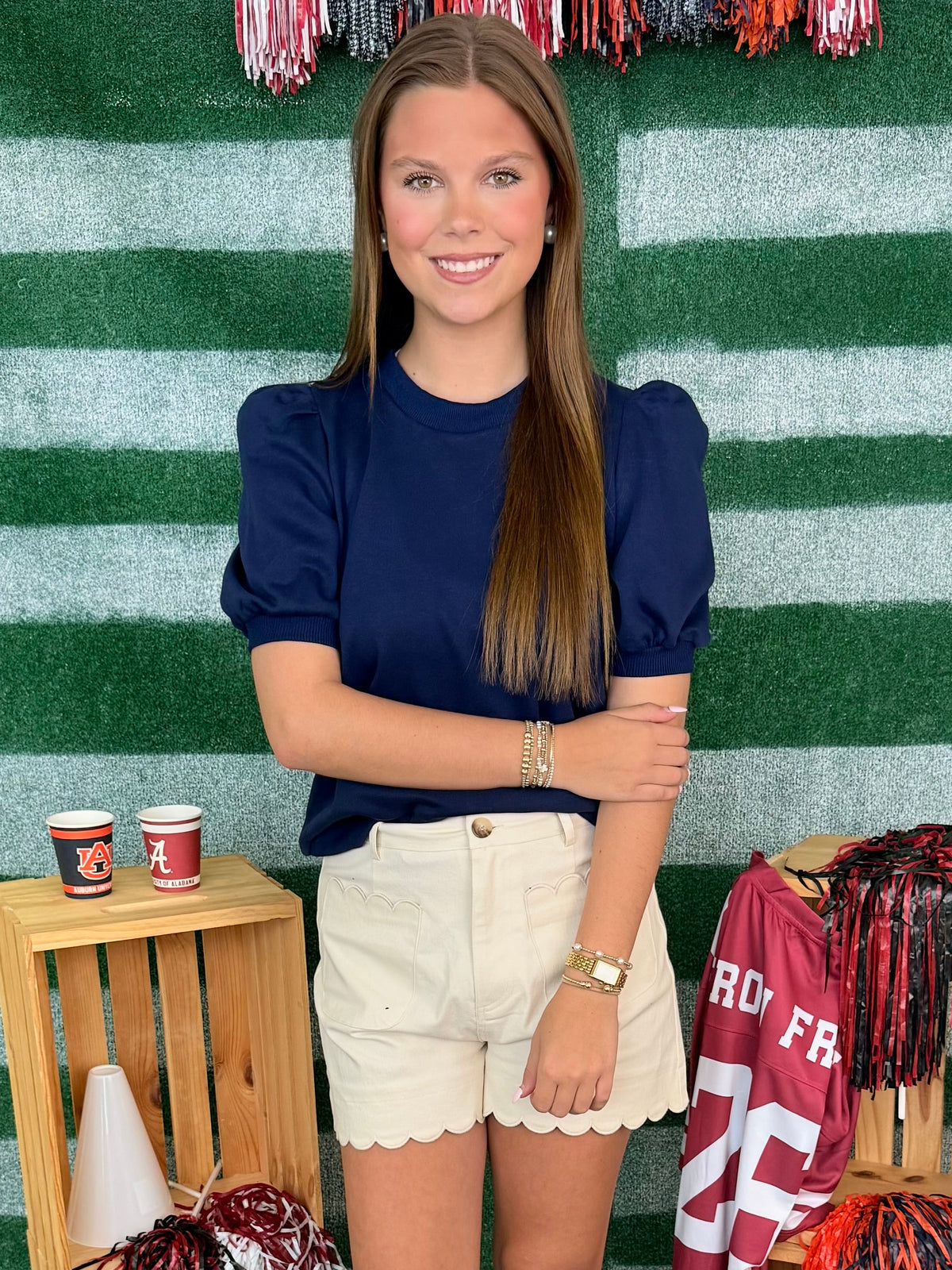 Under the Lights Navy Short Puff Sleeve Knit Top-Shop-Womens-Boutique-Clothing
