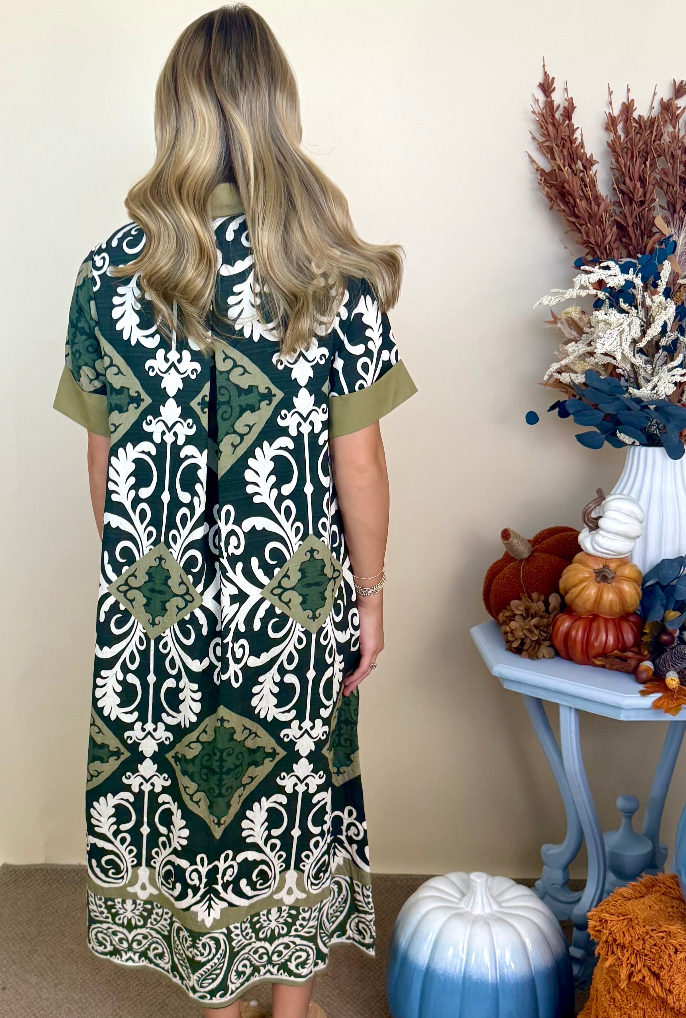 Harvest Days Olive Scroll Print Dress-Shop-Womens-Boutique-Clothing