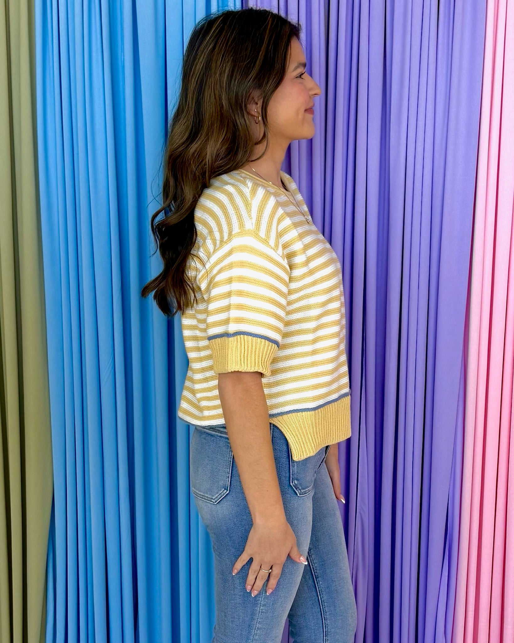 Check Me Out Butter Yellow Stripe Contrast Trim Sweater-Shop-Womens-Boutique-Clothing