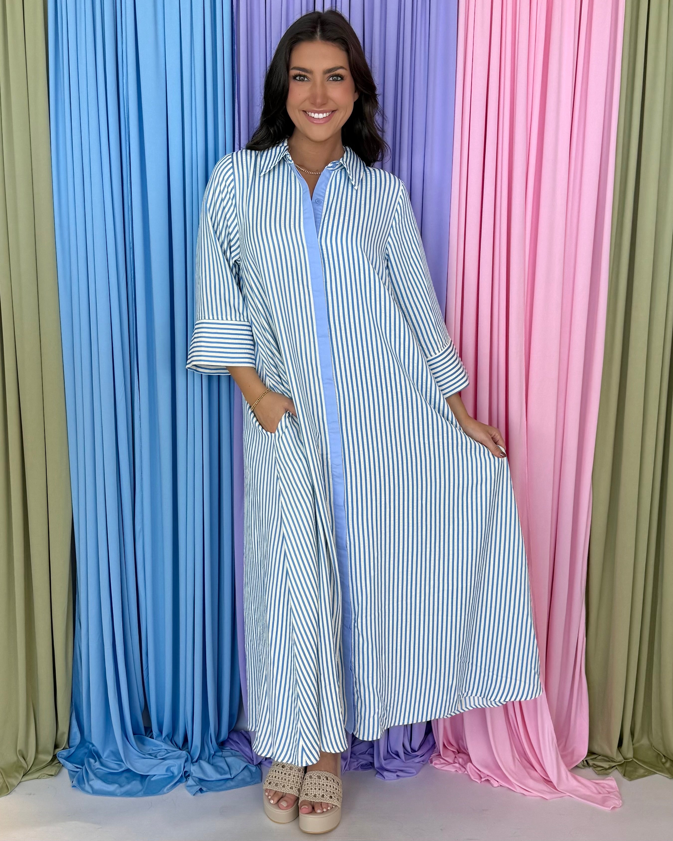 Delicate Dreams Blue Striped Midi Dress-Shop-Womens-Boutique-Clothing