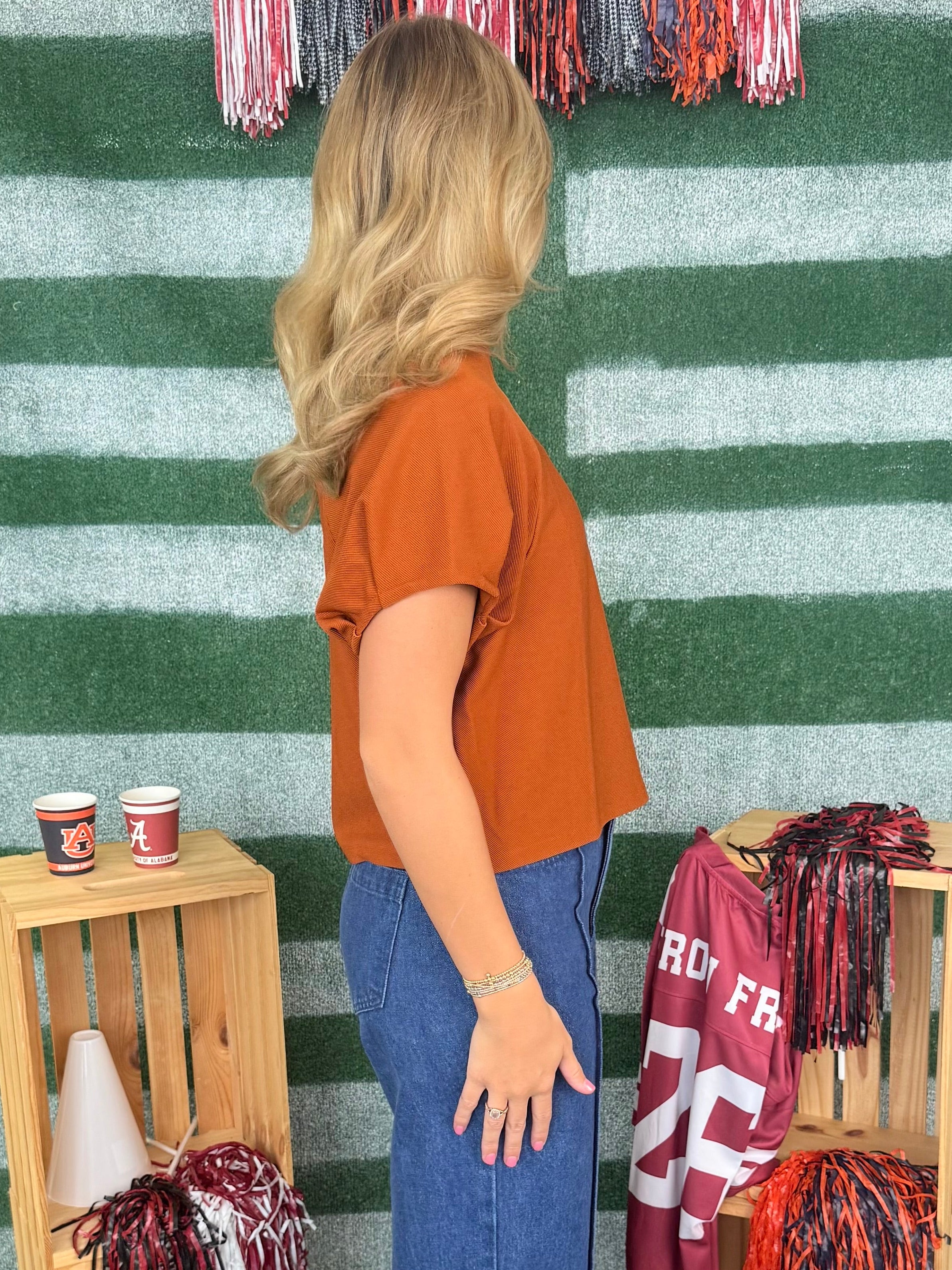 Go Team Go Rust Round Neck Puff Sleeve Top-Shop-Womens-Boutique-Clothing