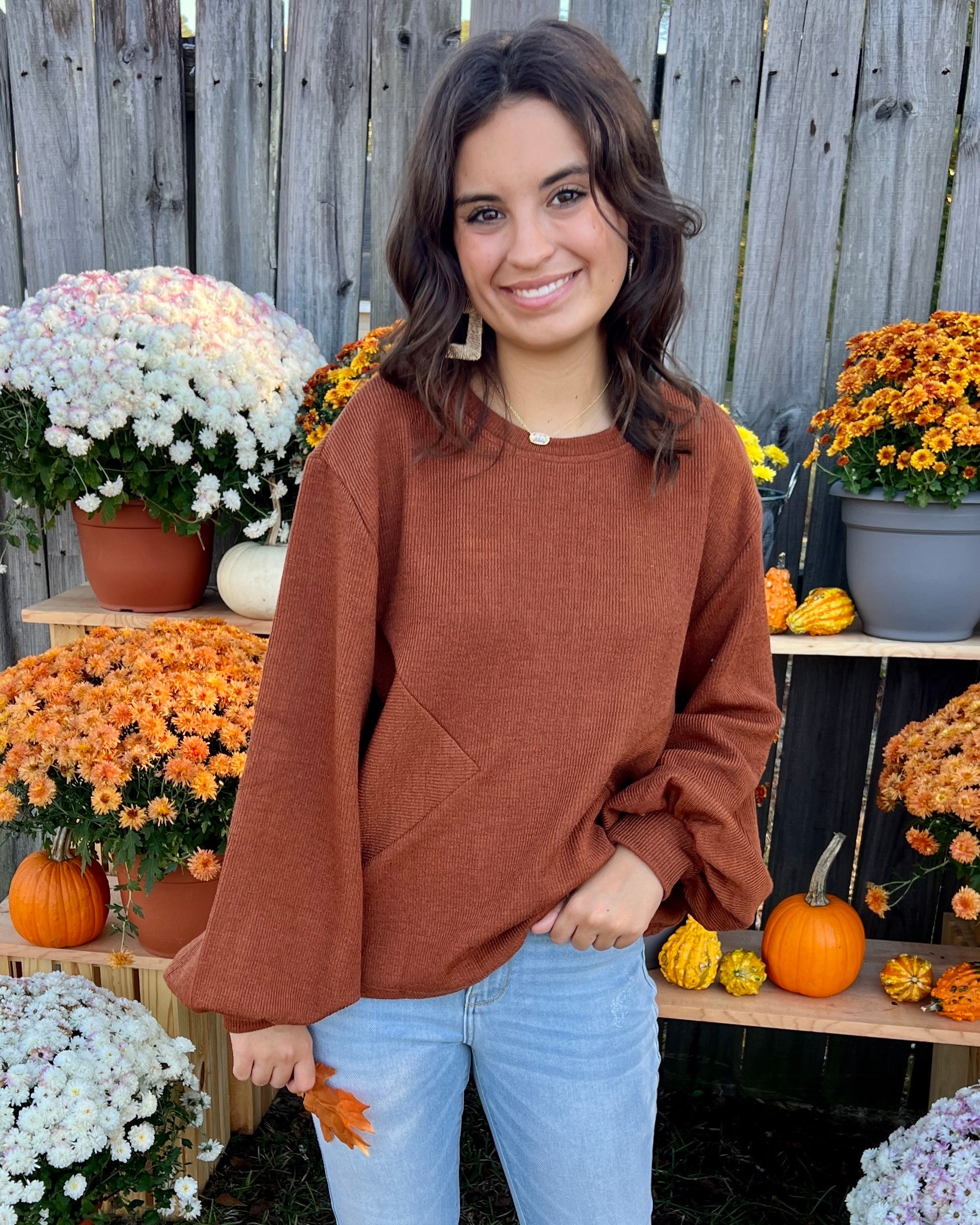 Good With It Caramel Balloon Sleeve Top-Shop-Womens-Boutique-Clothing