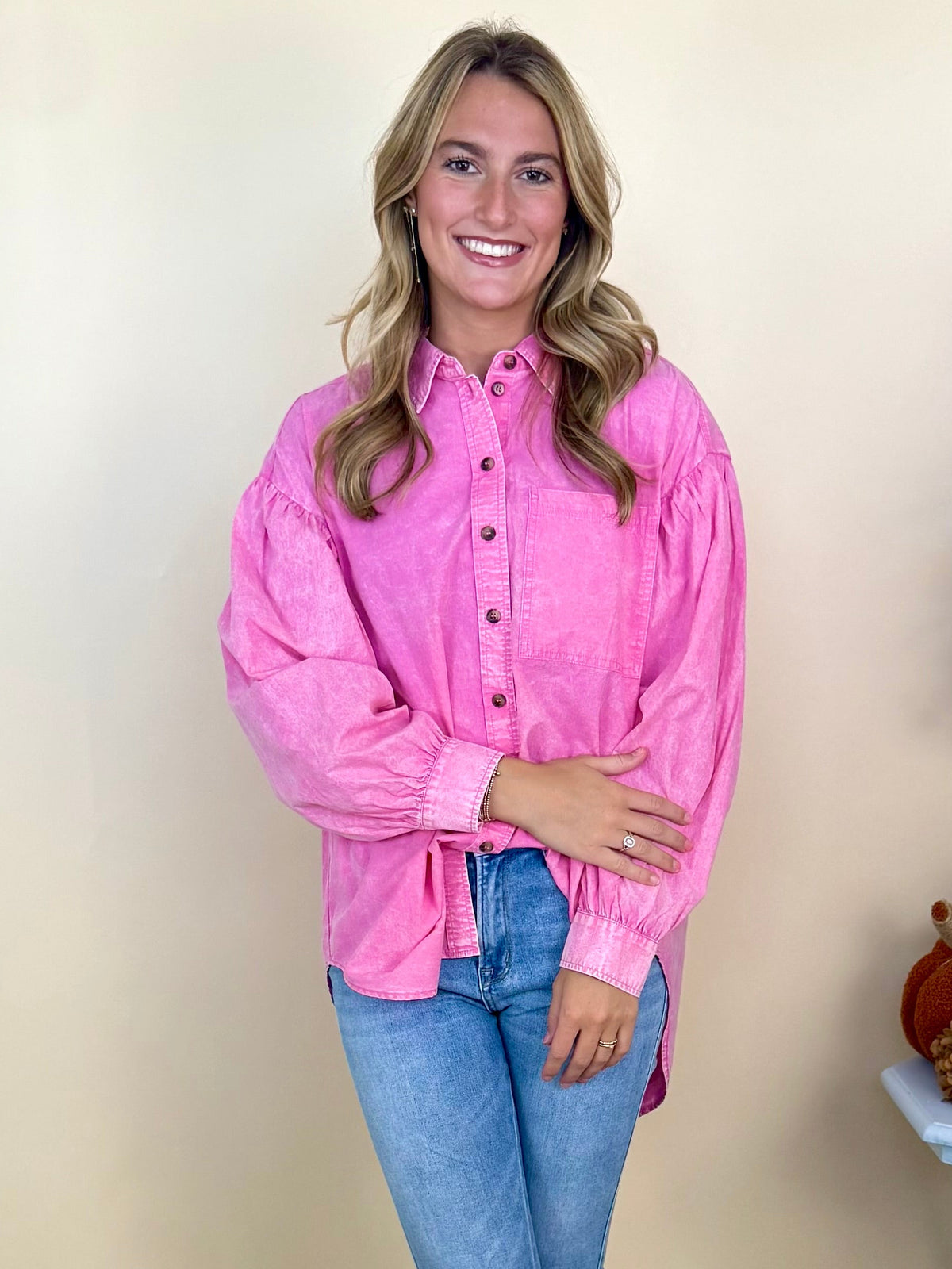 Electric Romance Pink Drop Shoulder Button Down Top-Shop-Womens-Boutique-Clothing