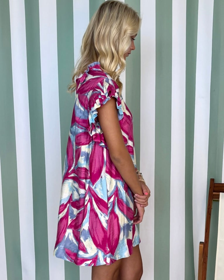 Visionary Fuchsia Print Ruffle Dress-Shop-Womens-Boutique-Clothing