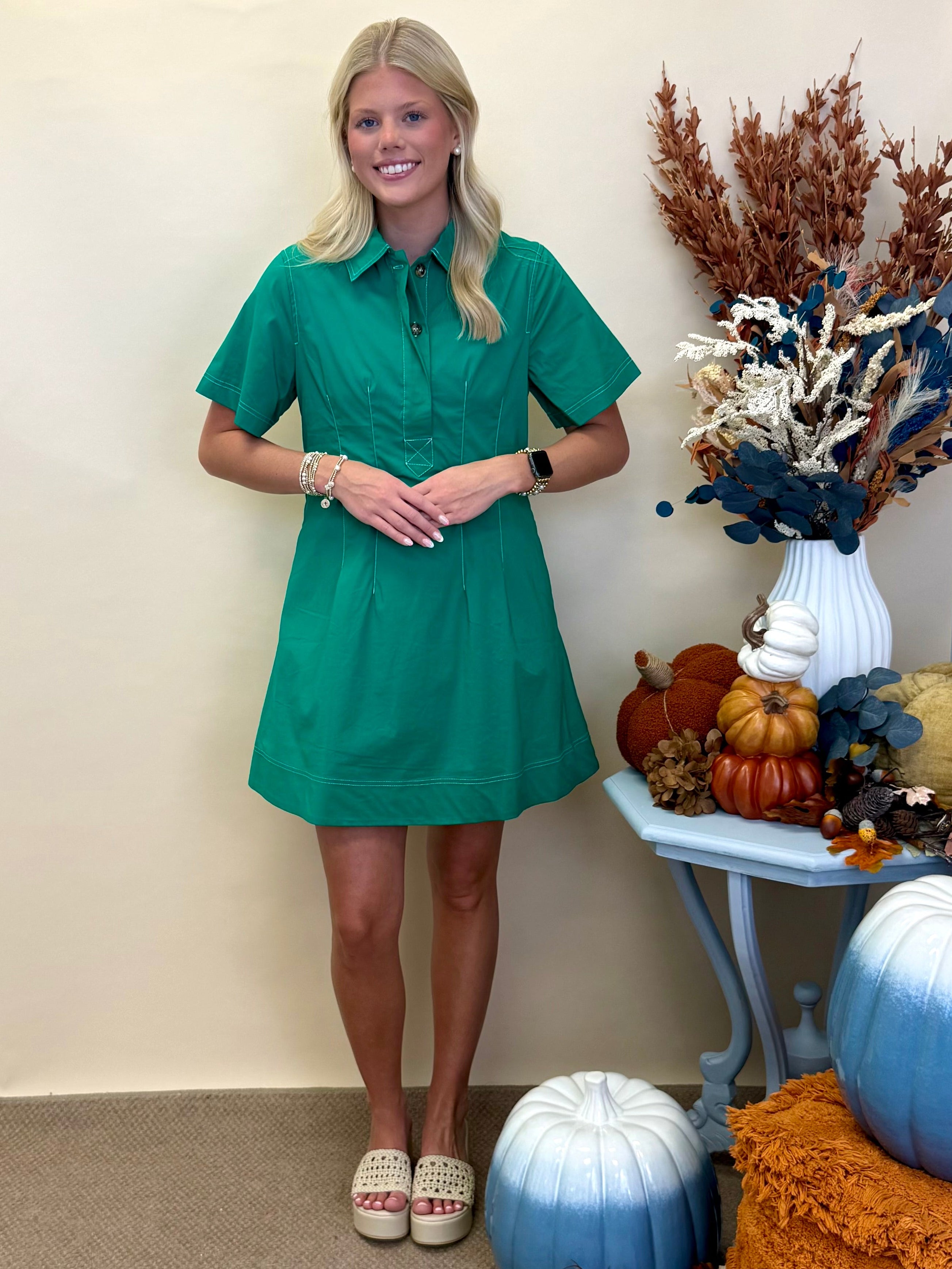 Sunset Time Green Front Placket Dress-Shop-Womens-Boutique-Clothing