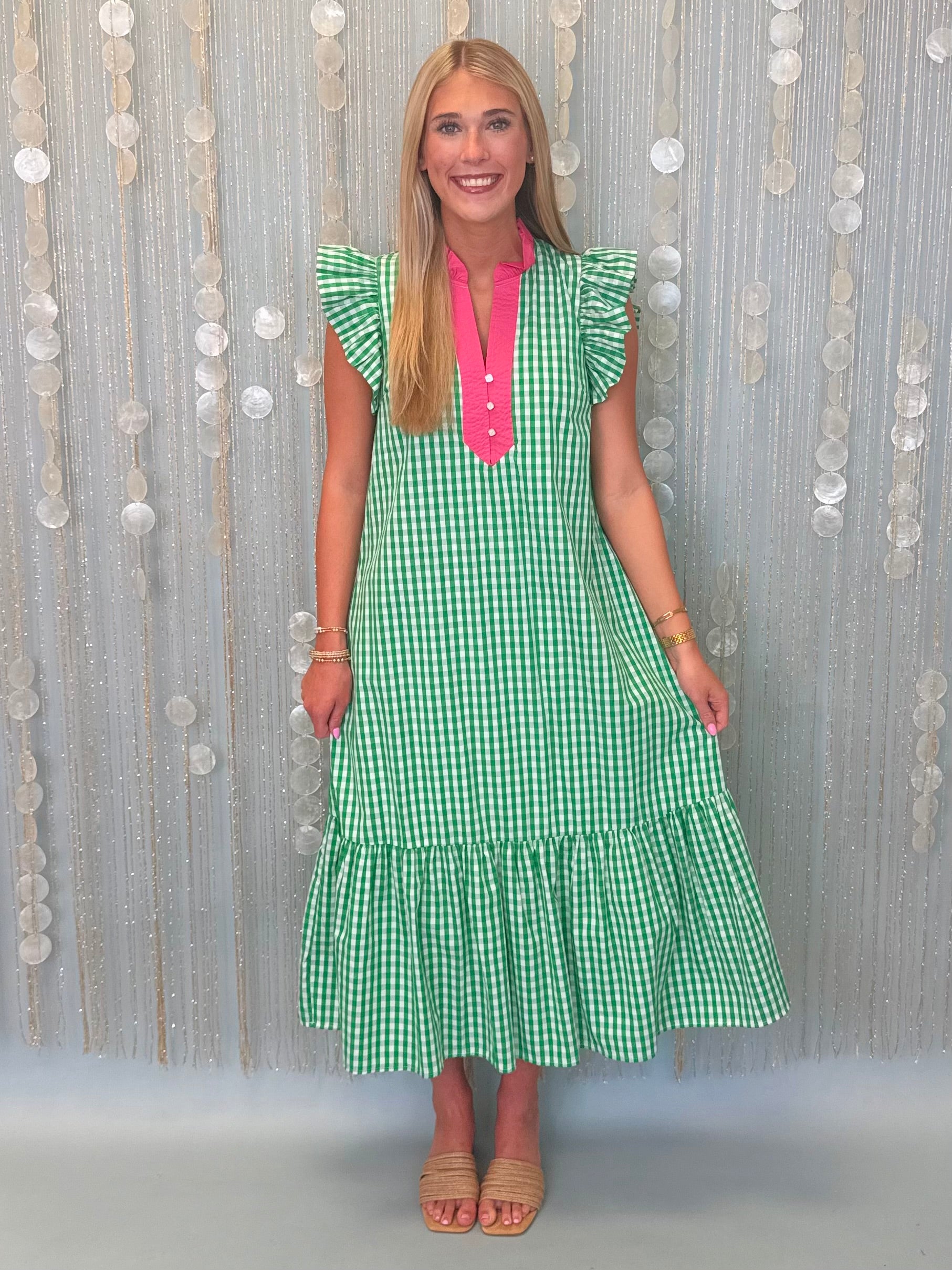 Orchid Hour Green Gingham Ruffle Midi Dress-Shop-Womens-Boutique-Clothing