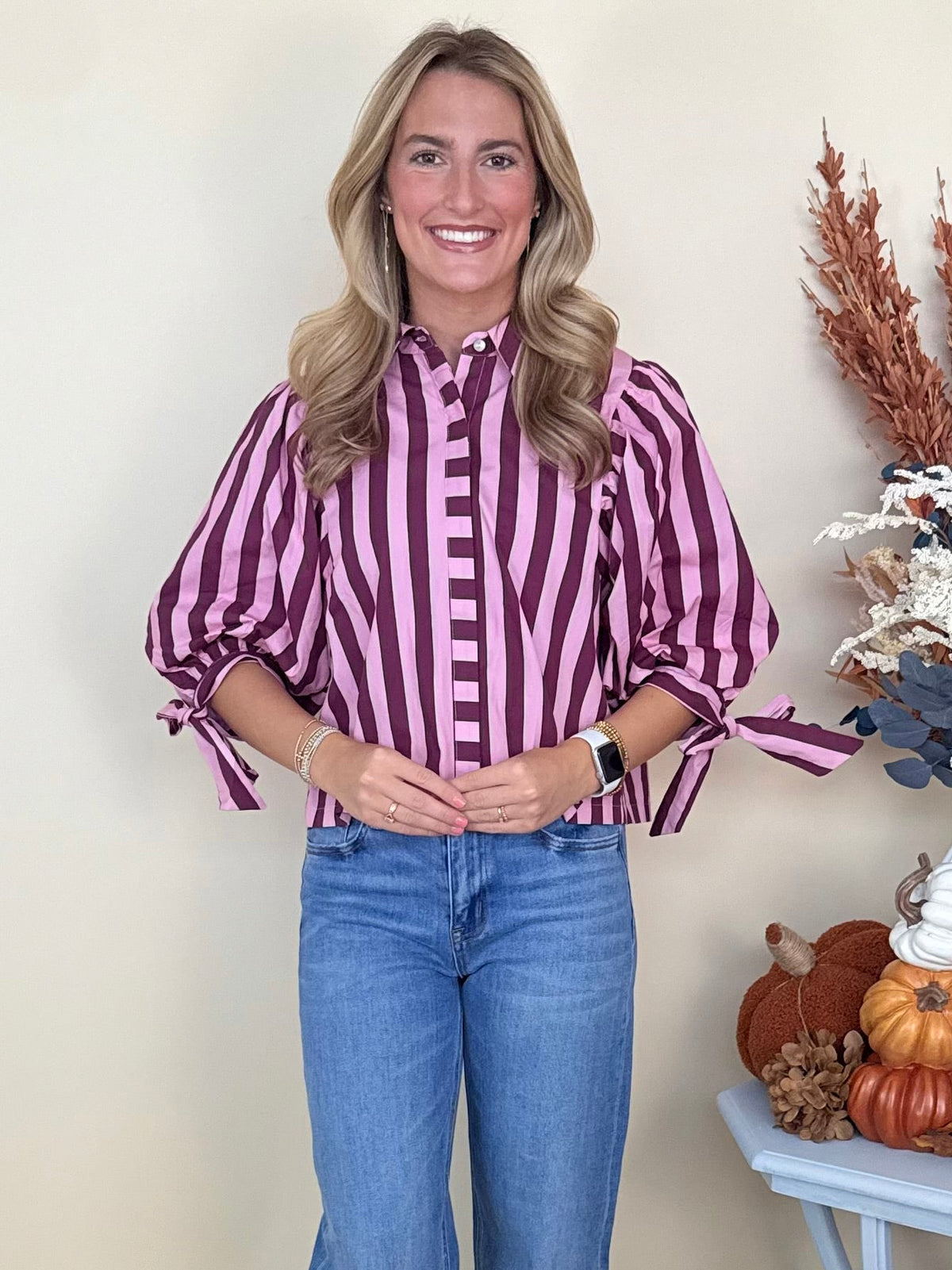 Hello Pumpkin Pink Wine Striped Puff Sleeve Top-Shop-Womens-Boutique-Clothing