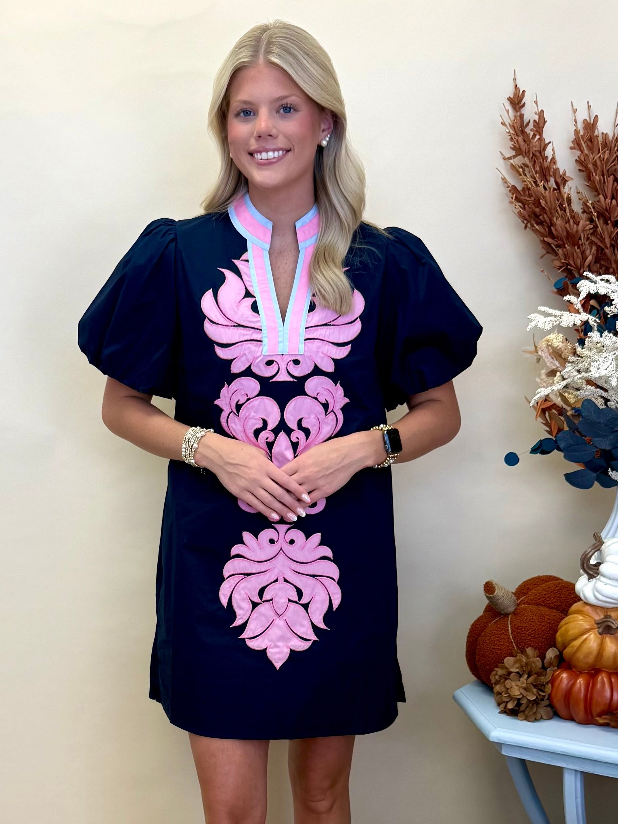 Botanical Breeze Navy Baroque Applique V Neck Dress-Shop-Womens-Boutique-Clothing