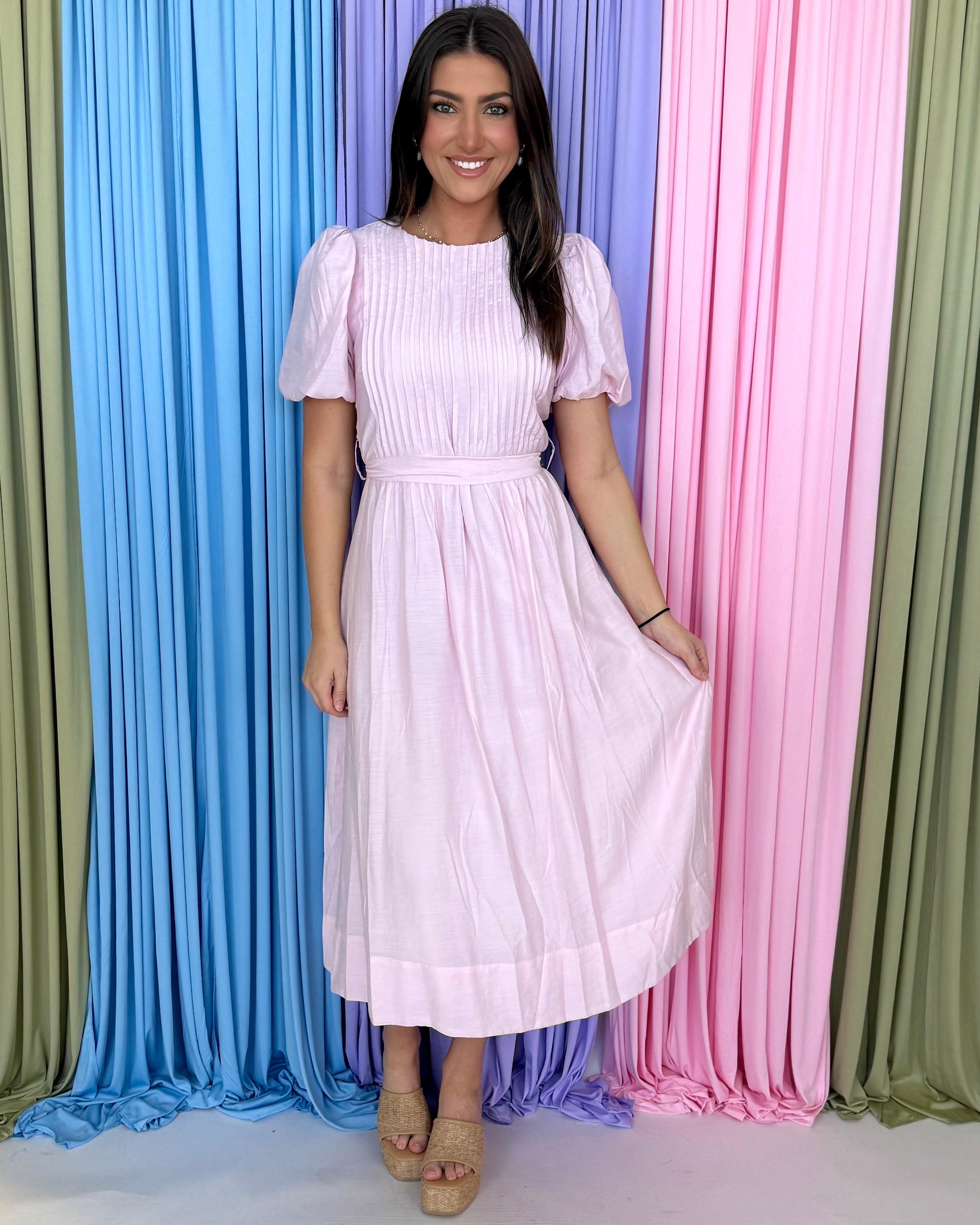 Chic Haven Pink Pintuck Detail Puff Sleeve Tie Waist Midi Dress-Shop-Womens-Boutique-Clothing