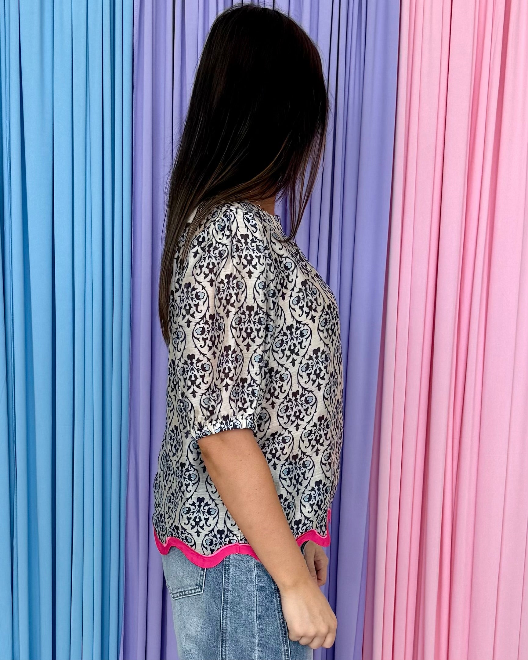 Pure Bliss Blue Printed Hemline Top-Shop-Womens-Boutique-Clothing
