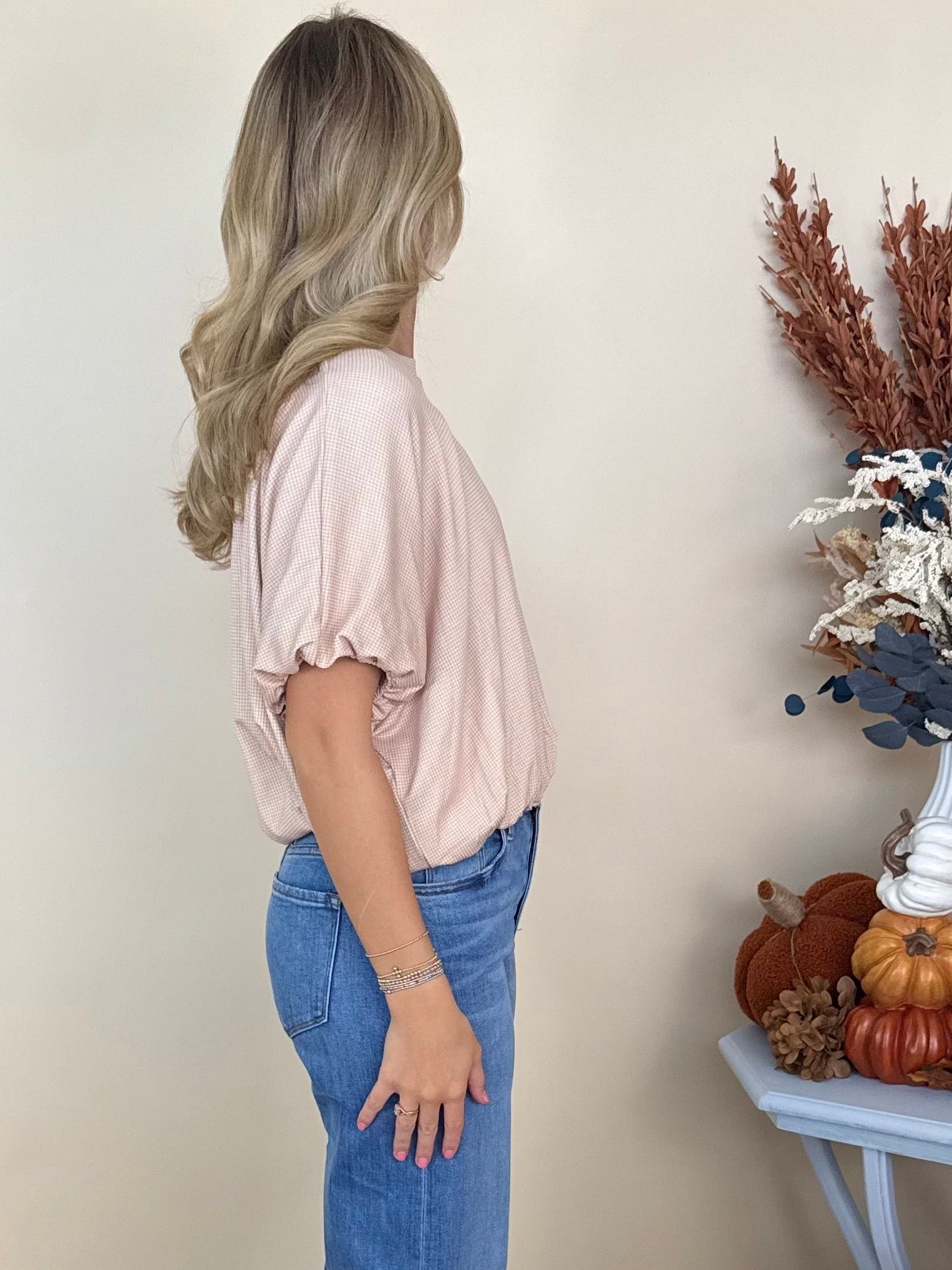 Treat Yourself Taupe Checkered Bubble Hem Top-Shop-Womens-Boutique-Clothing