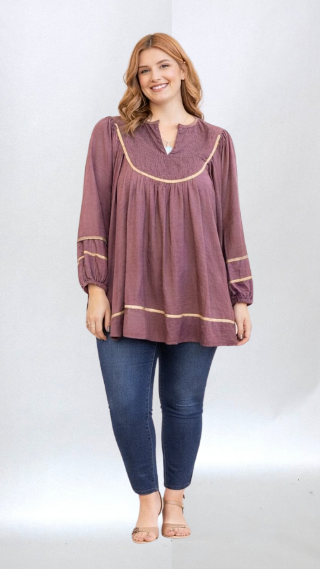 Moment Of Time Merlot Plus Smocked Piping Top-Shop-Womens-Boutique-Clothing