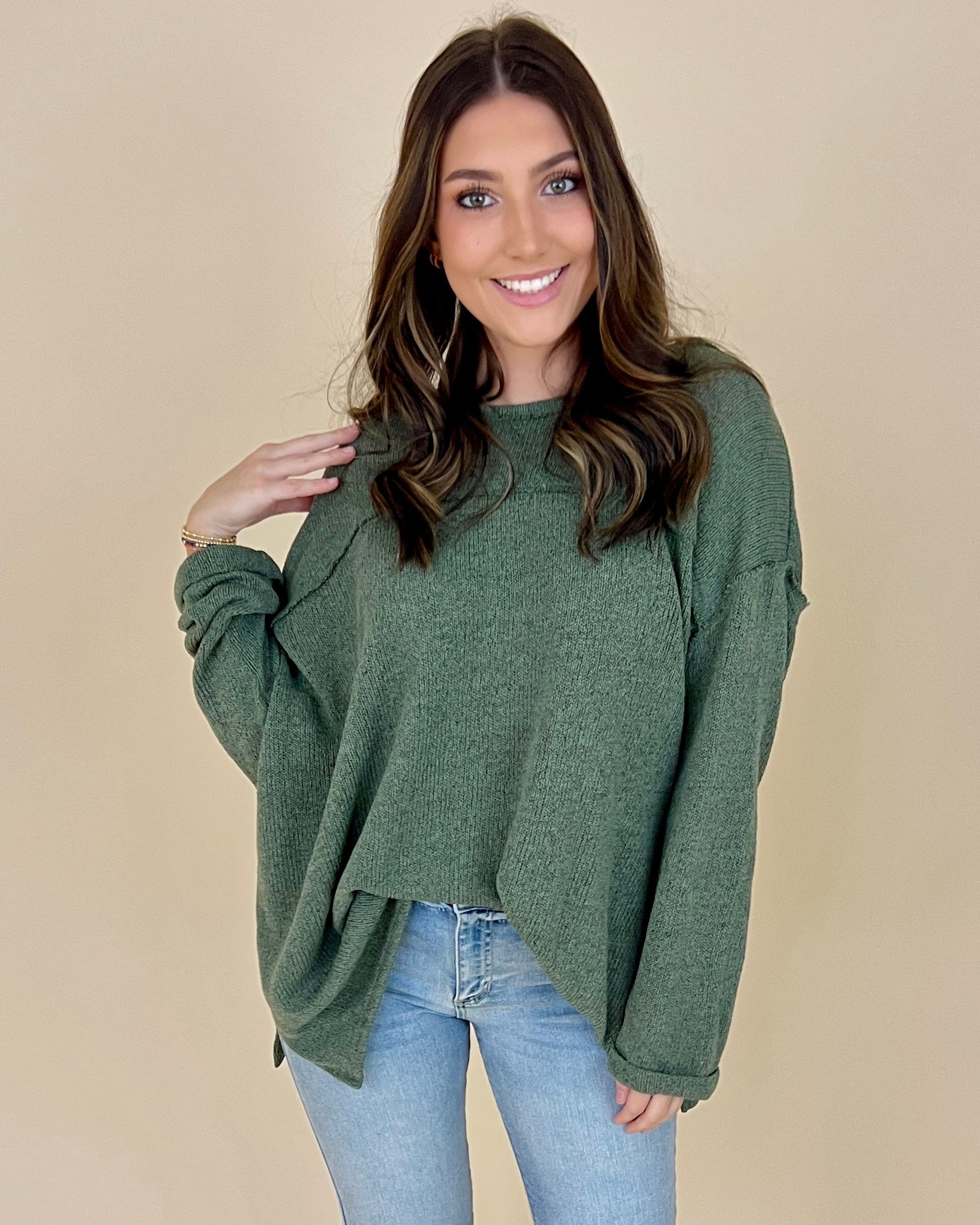 Call Me Later Sage Knit Boxy Raw Edge Top-Shop-Womens-Boutique-Clothing