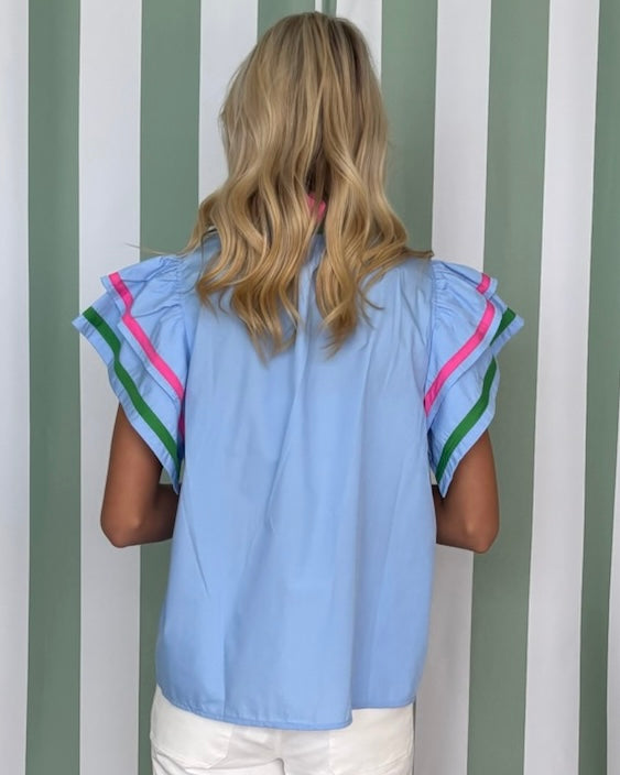 Playful Feel Chambray Flutter Sleeve Top-Shop-Womens-Boutique-Clothing