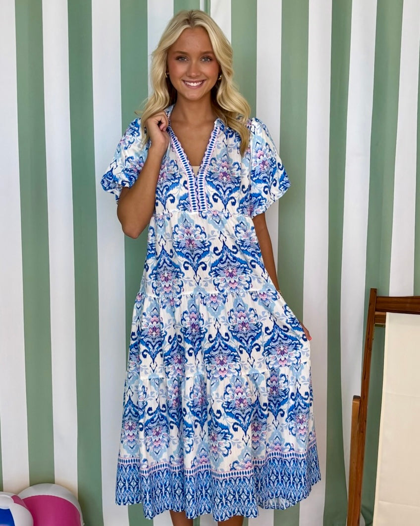 Beach Days Blue Mix Print Midi Dress-Shop-Womens-Boutique-Clothing