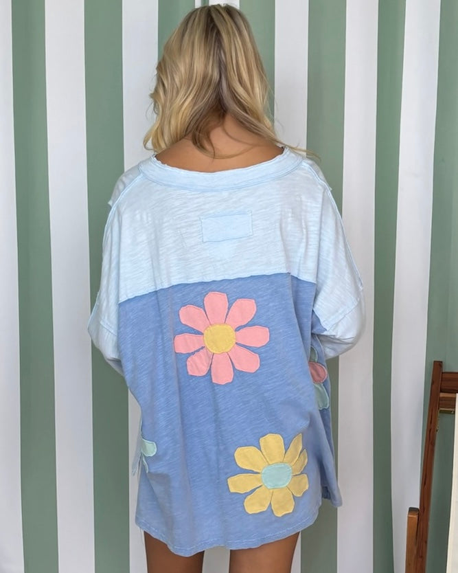 In Time Sky Blue Oversized Flower Top-Shop-Womens-Boutique-Clothing
