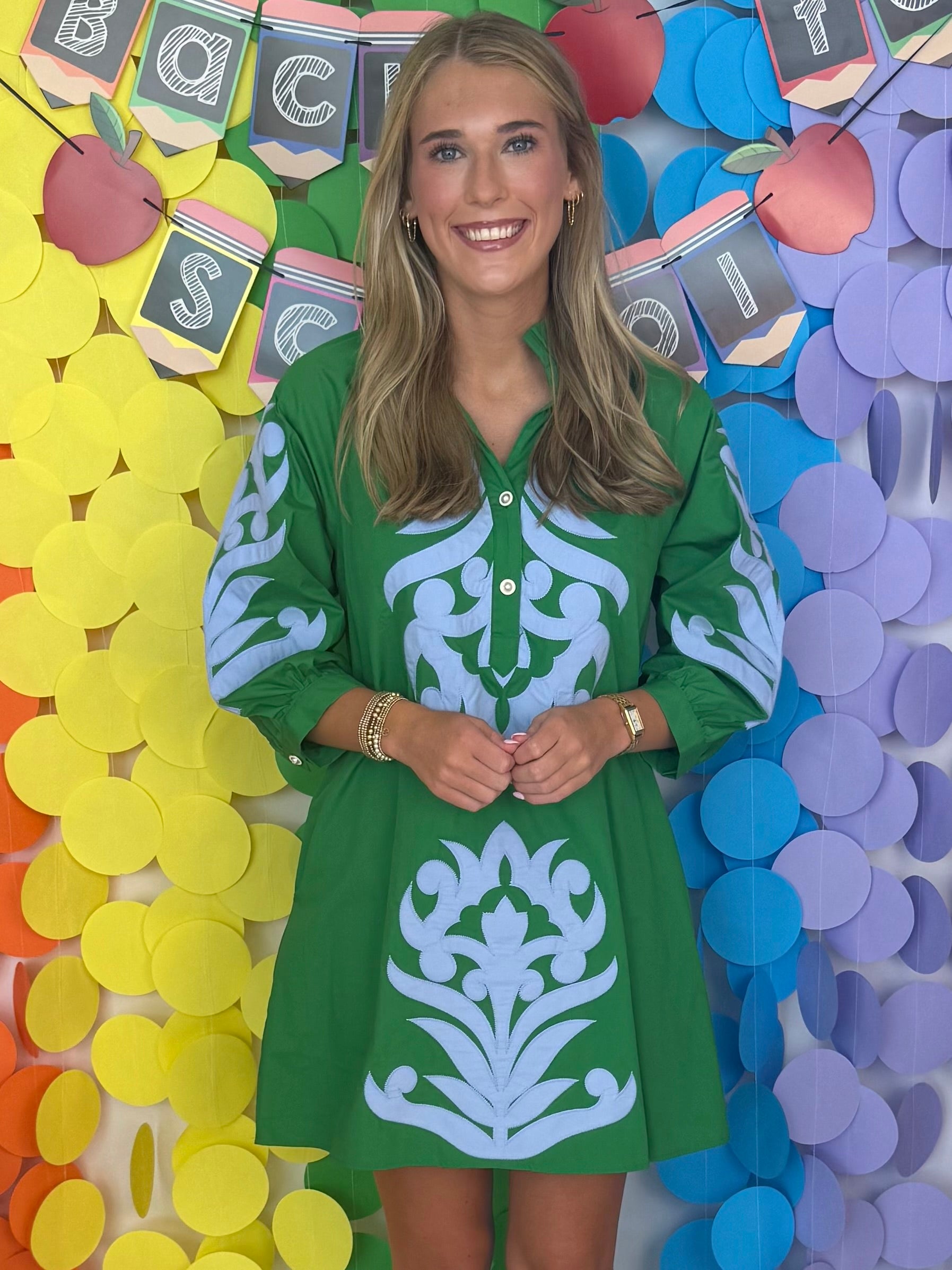 Well Defined Kelly Green Floral Applique Dress-Shop-Womens-Boutique-Clothing