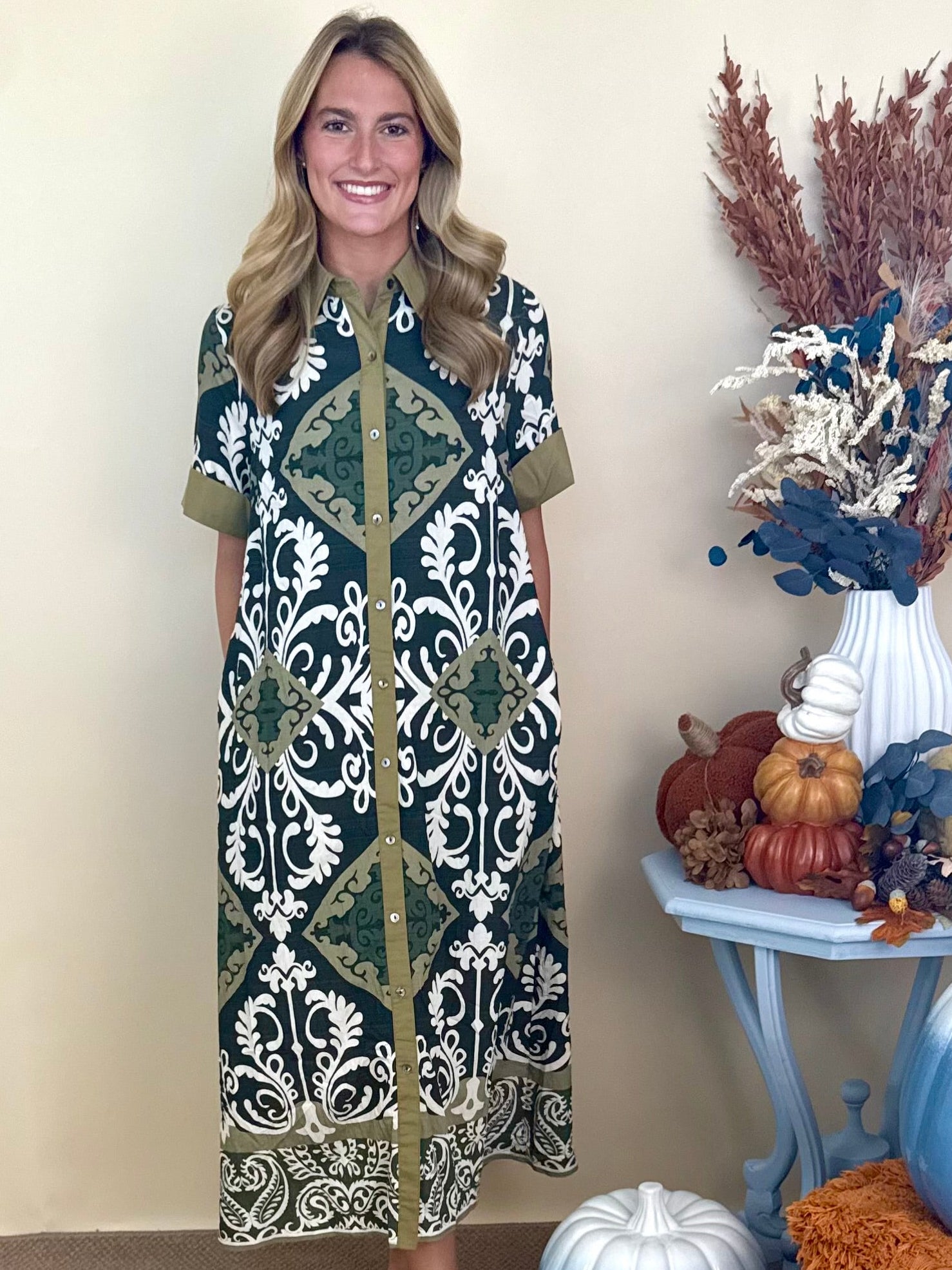 Harvest Days Olive Scroll Print Dress-Shop-Womens-Boutique-Clothing
