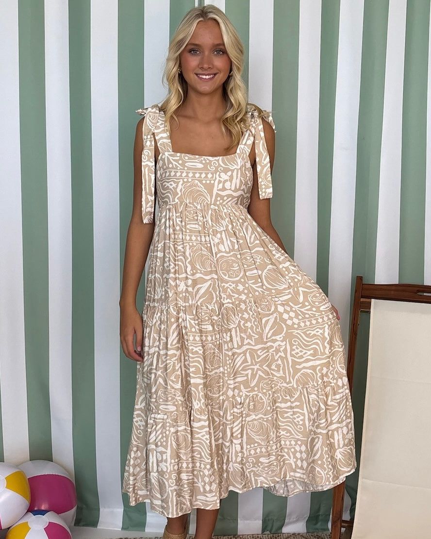 Sunny Days Khaki Sea Print Tie Midi Dress-Shop-Womens-Boutique-Clothing