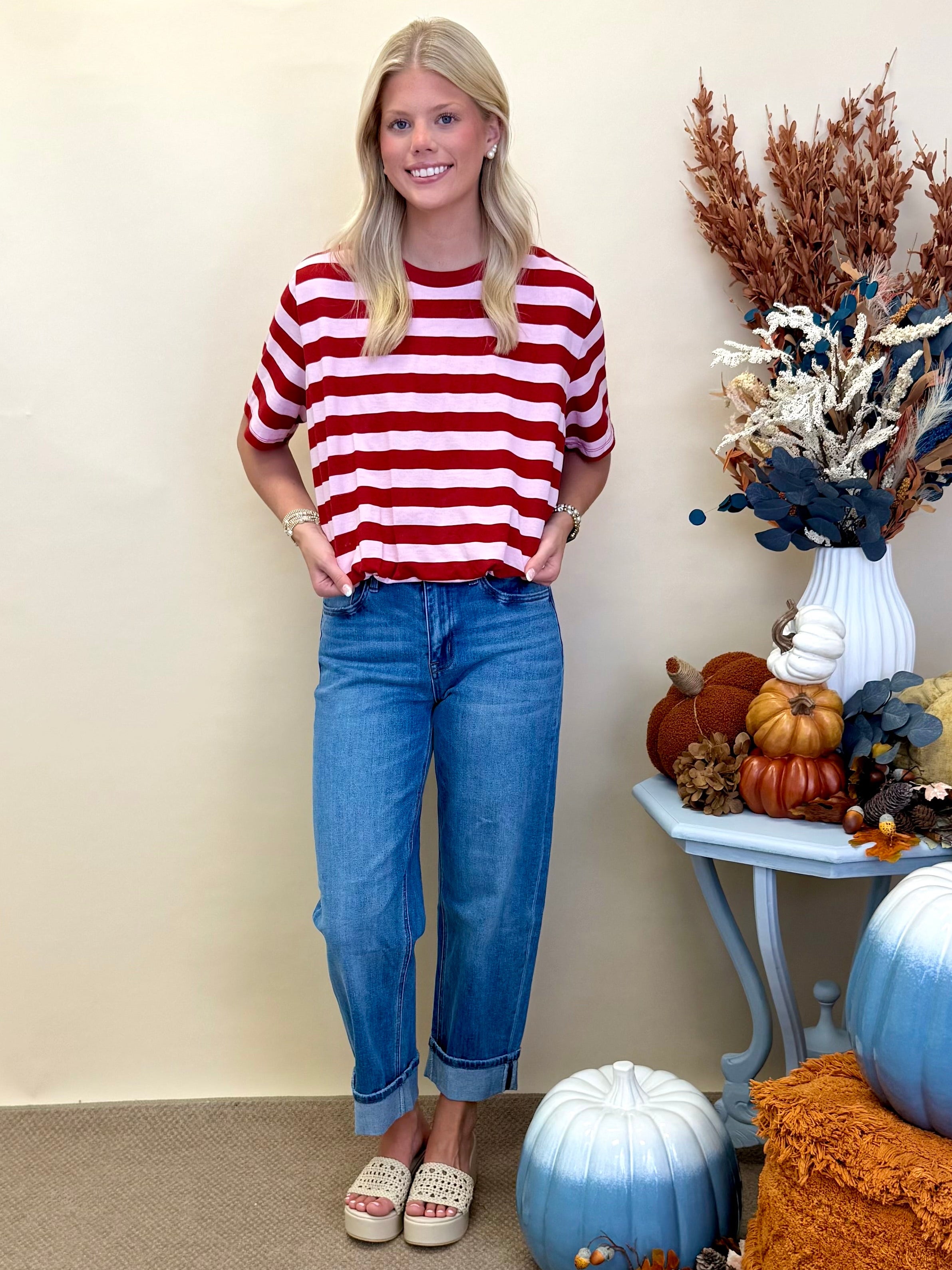 Never Left Red/Pink Striped Cropped Bubble Top-Shop-Womens-Boutique-Clothing