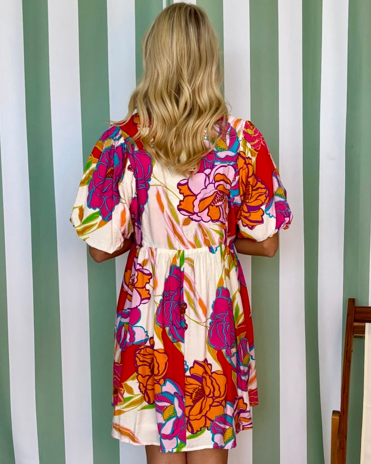 Radiant Garden Red/Off White Print Babydoll Dress-Shop-Womens-Boutique-Clothing