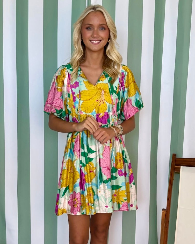 Radiant Garden Mint Floral Print Babydoll Dress-Shop-Womens-Boutique-Clothing