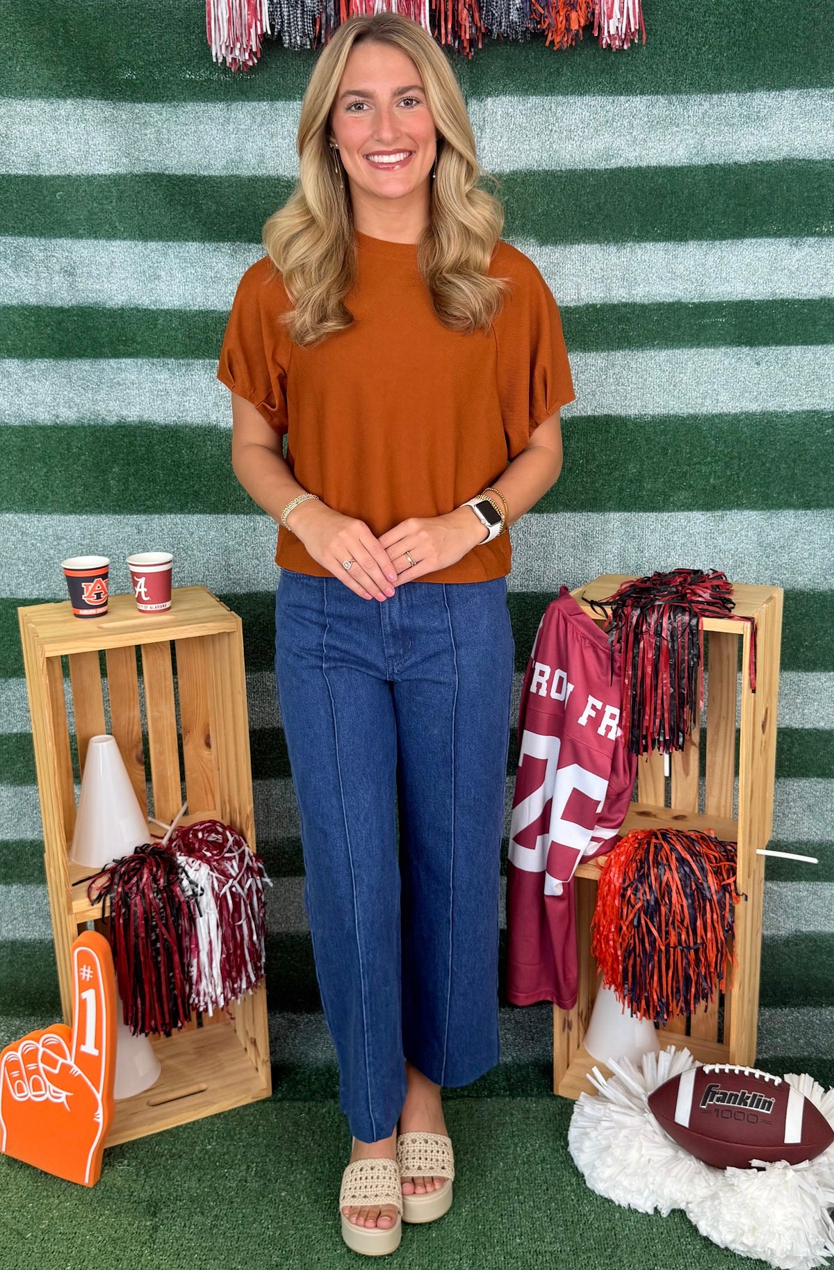 Go Team Go Rust Round Neck Puff Sleeve Top-Shop-Womens-Boutique-Clothing