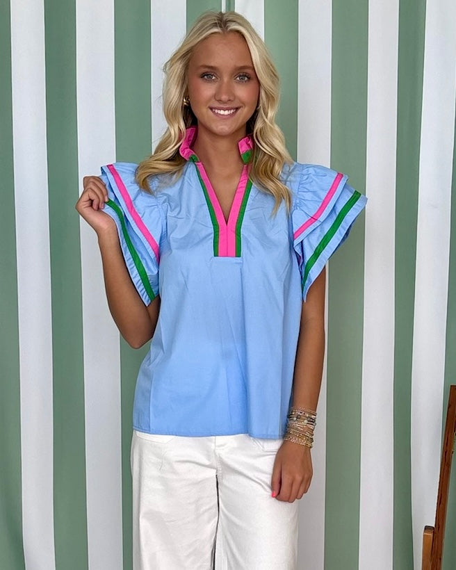 Playful Feel Chambray Flutter Sleeve Top-Shop-Womens-Boutique-Clothing