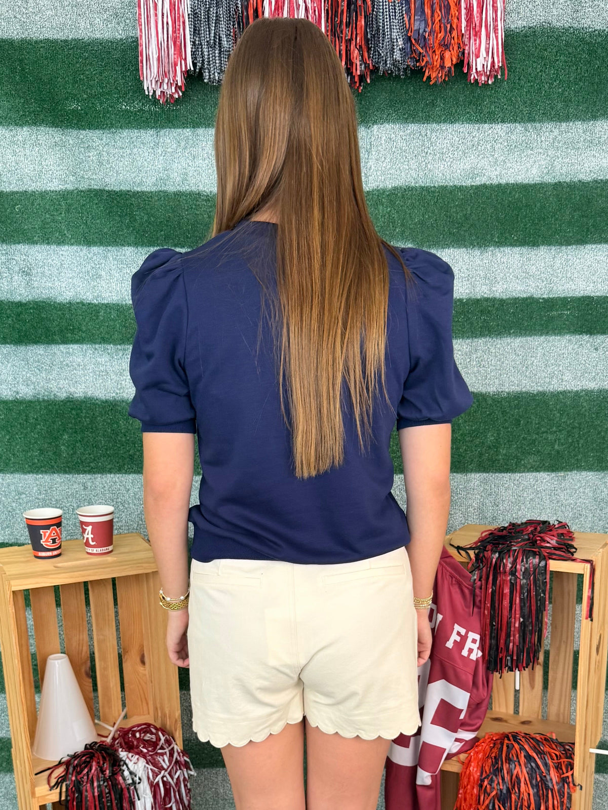 Under the Lights Navy Short Puff Sleeve Knit Top-Shop-Womens-Boutique-Clothing