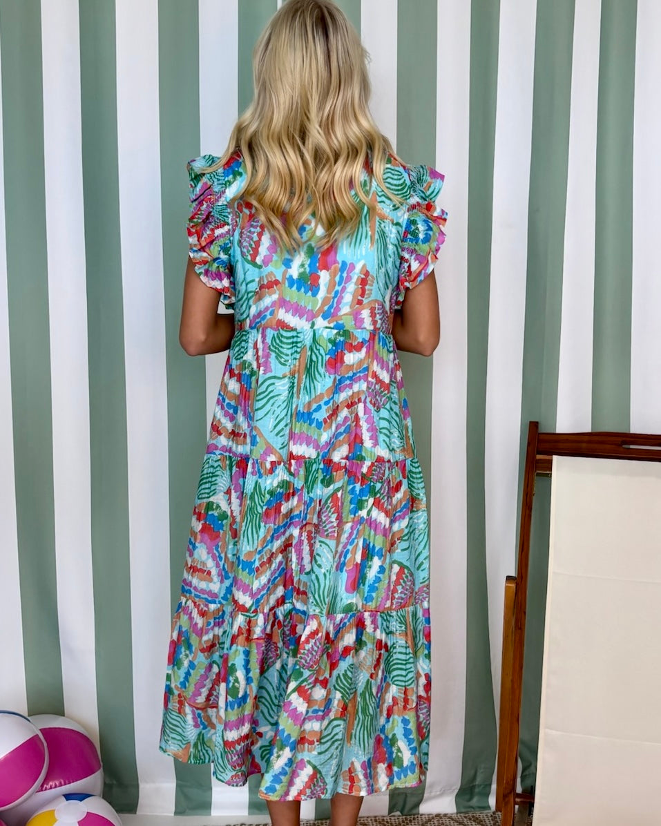Tropical Touch Aqua Mix Abstract Chiffon Midi Dress-Shop-Womens-Boutique-Clothing