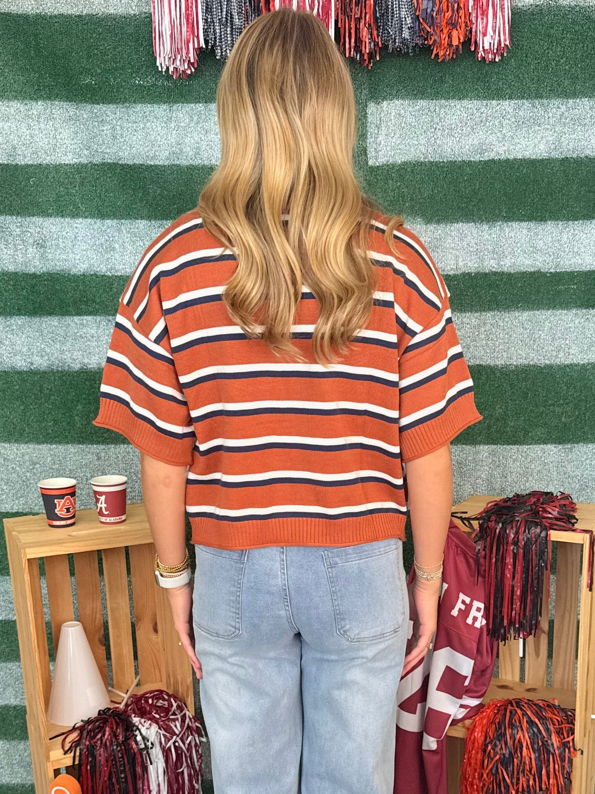Field Notes Burnt Orange Striped Crew Neck Elbow Sleeve Sweater-Shop-Womens-Boutique-Clothing