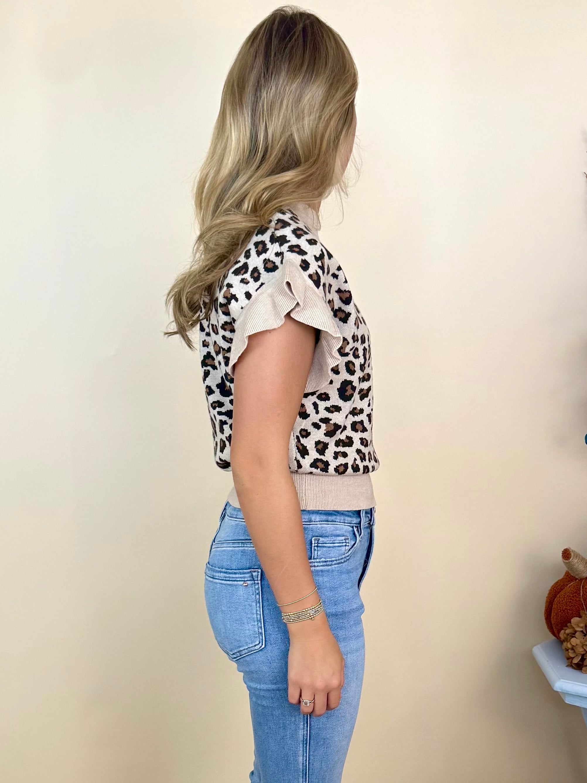 All Up to You Taupe Leopard Print Ruffle Sleeve Sweater-Shop-Womens-Boutique-Clothing