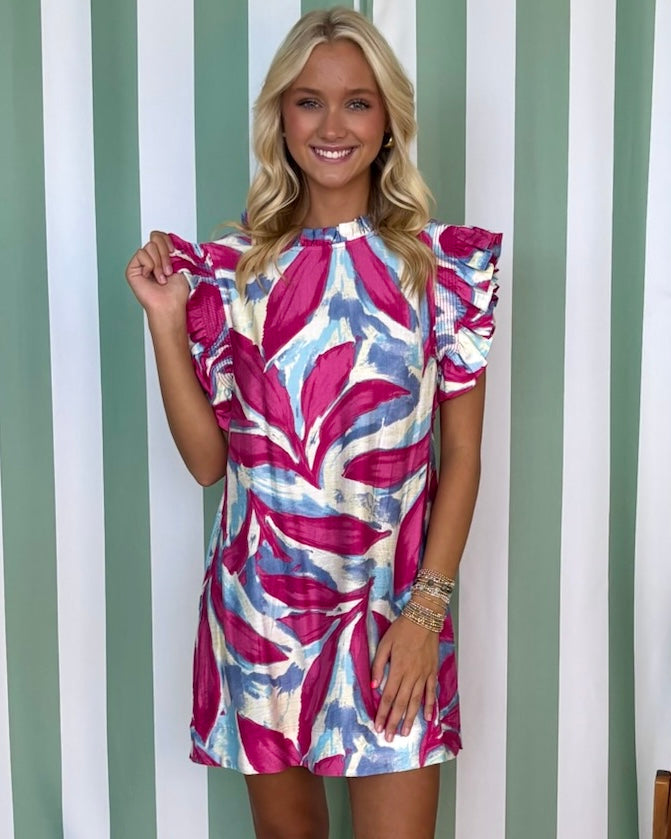 Visionary Fuchsia Print Ruffle Dress-Shop-Womens-Boutique-Clothing