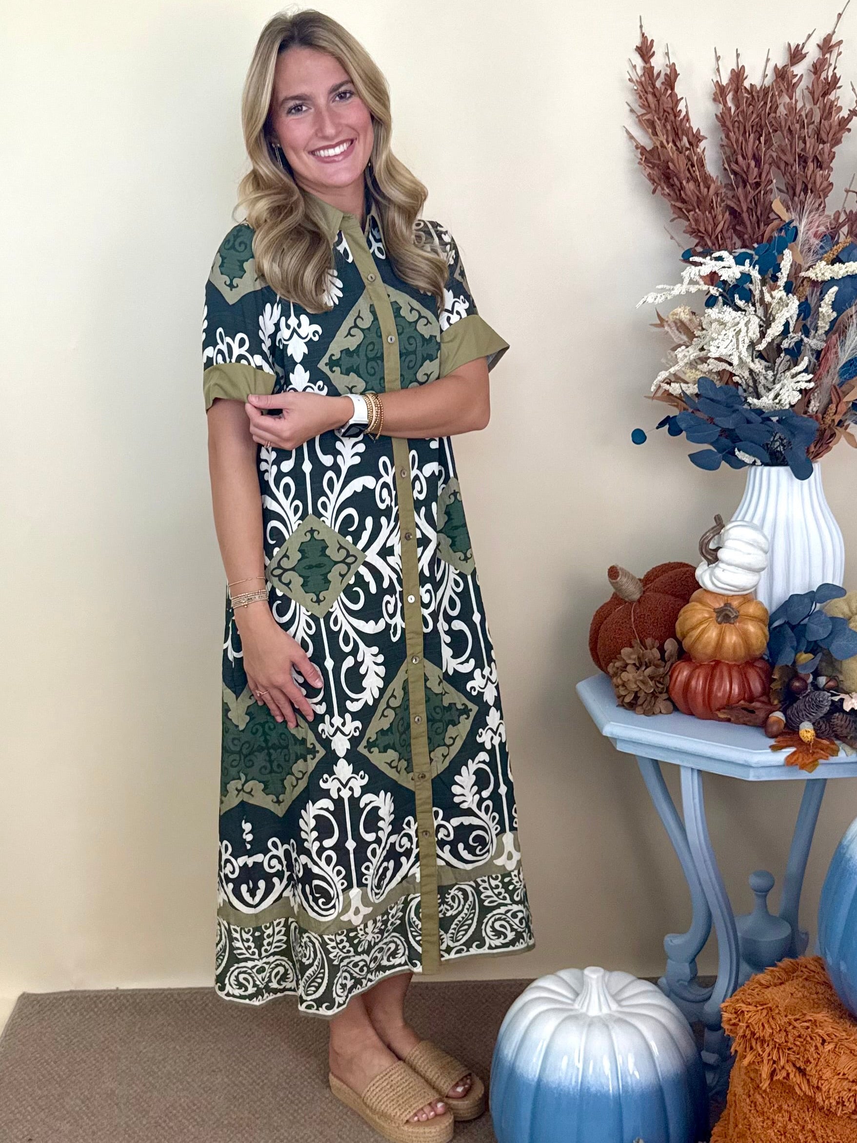 Harvest Days Olive Scroll Print Dress-Shop-Womens-Boutique-Clothing