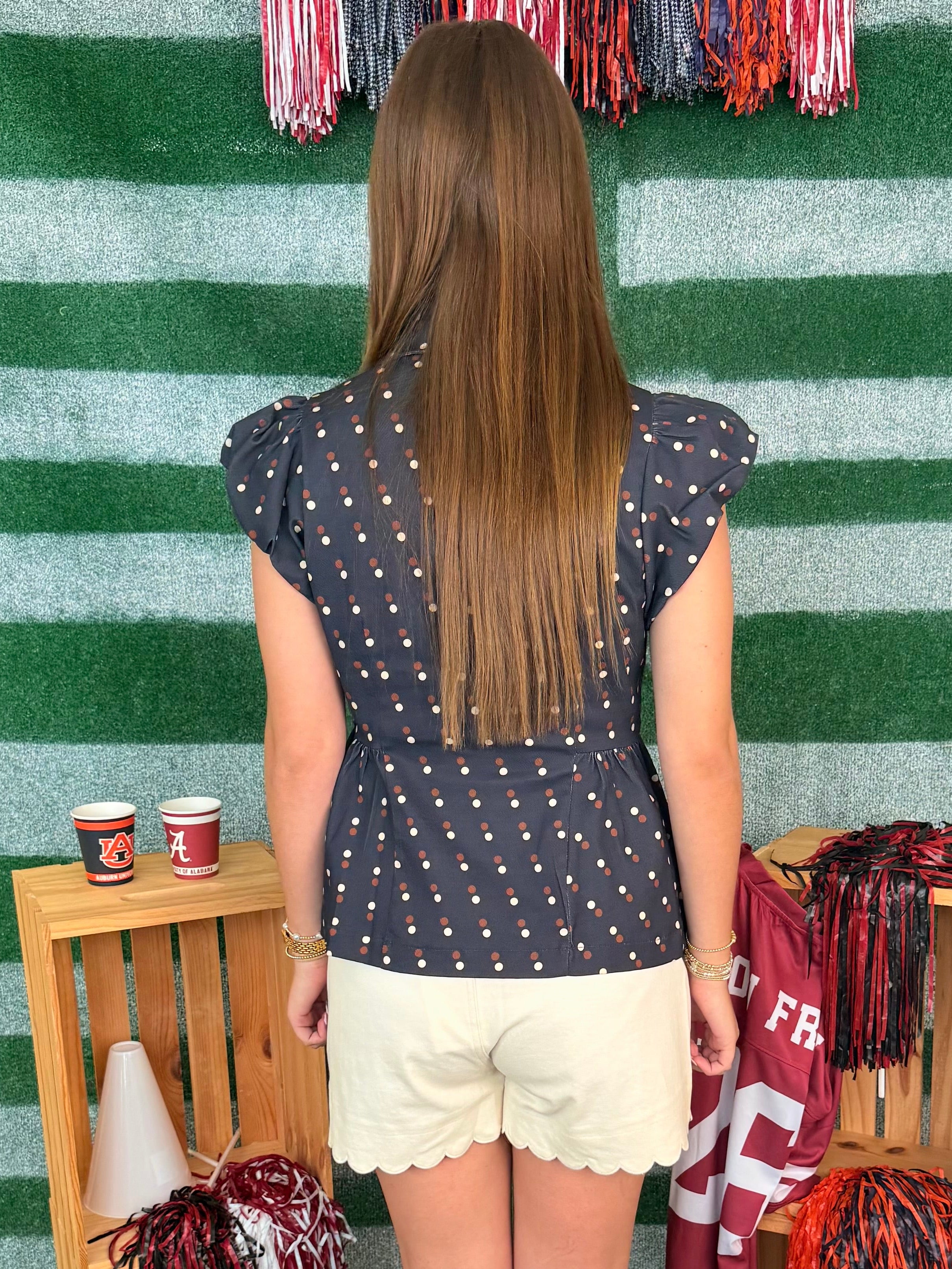 My Best Navy Polka Dot Ruffle Sleeve Peplum Top-Shop-Womens-Boutique-Clothing