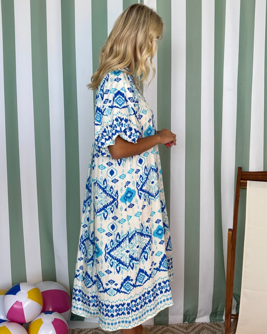 Last Call Blue Mix Abstract Midi Dress-Shop-Womens-Boutique-Clothing