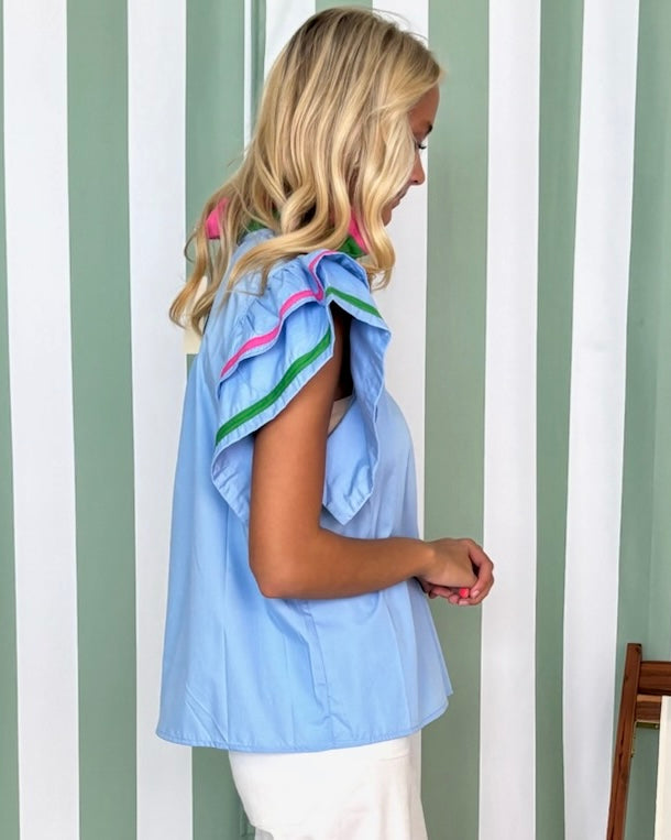Playful Feel Chambray Flutter Sleeve Top-Shop-Womens-Boutique-Clothing
