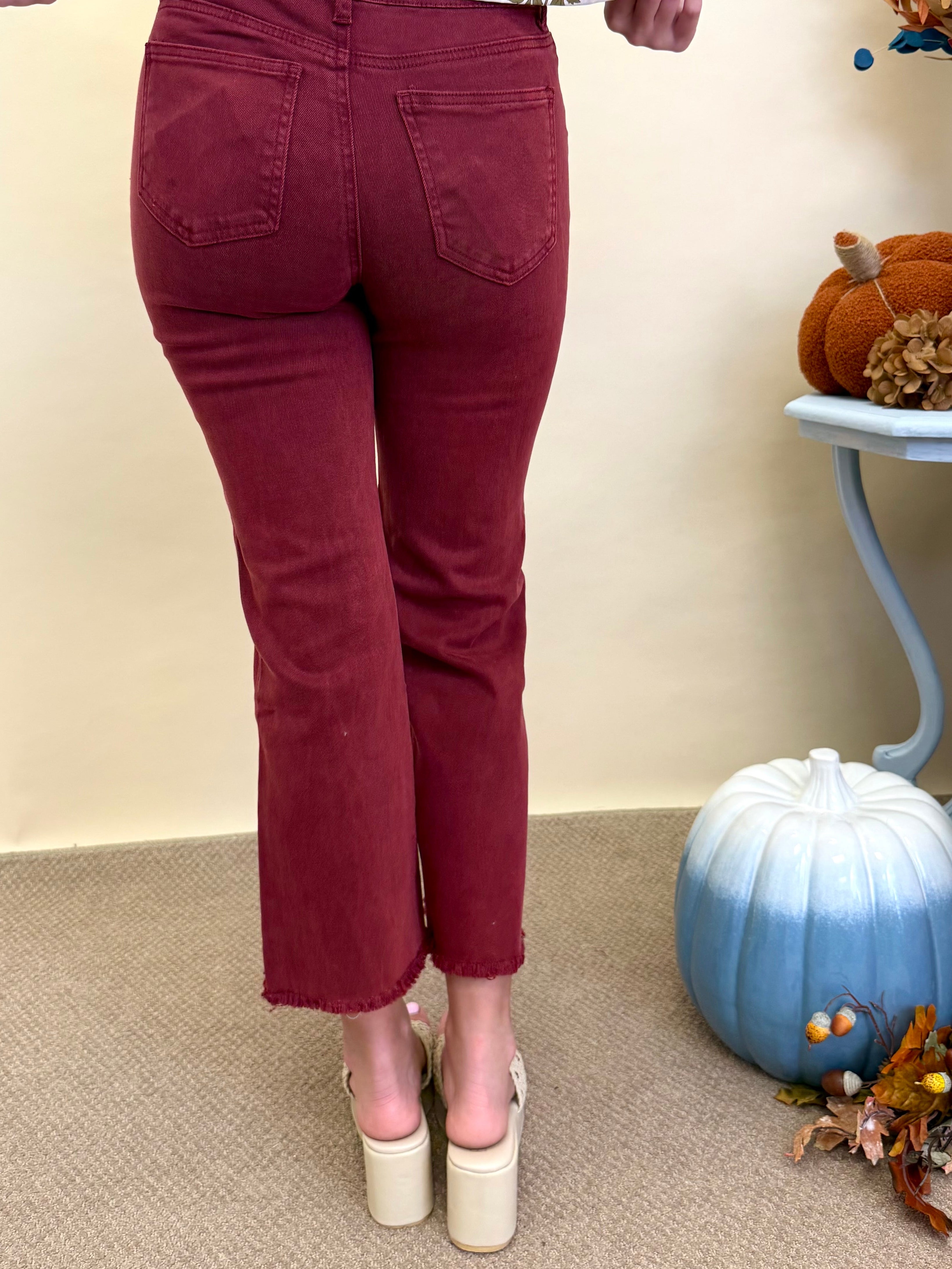 Feeling Close Dk Burgundy Frayed Bootcut Pants-Shop-Womens-Boutique-Clothing
