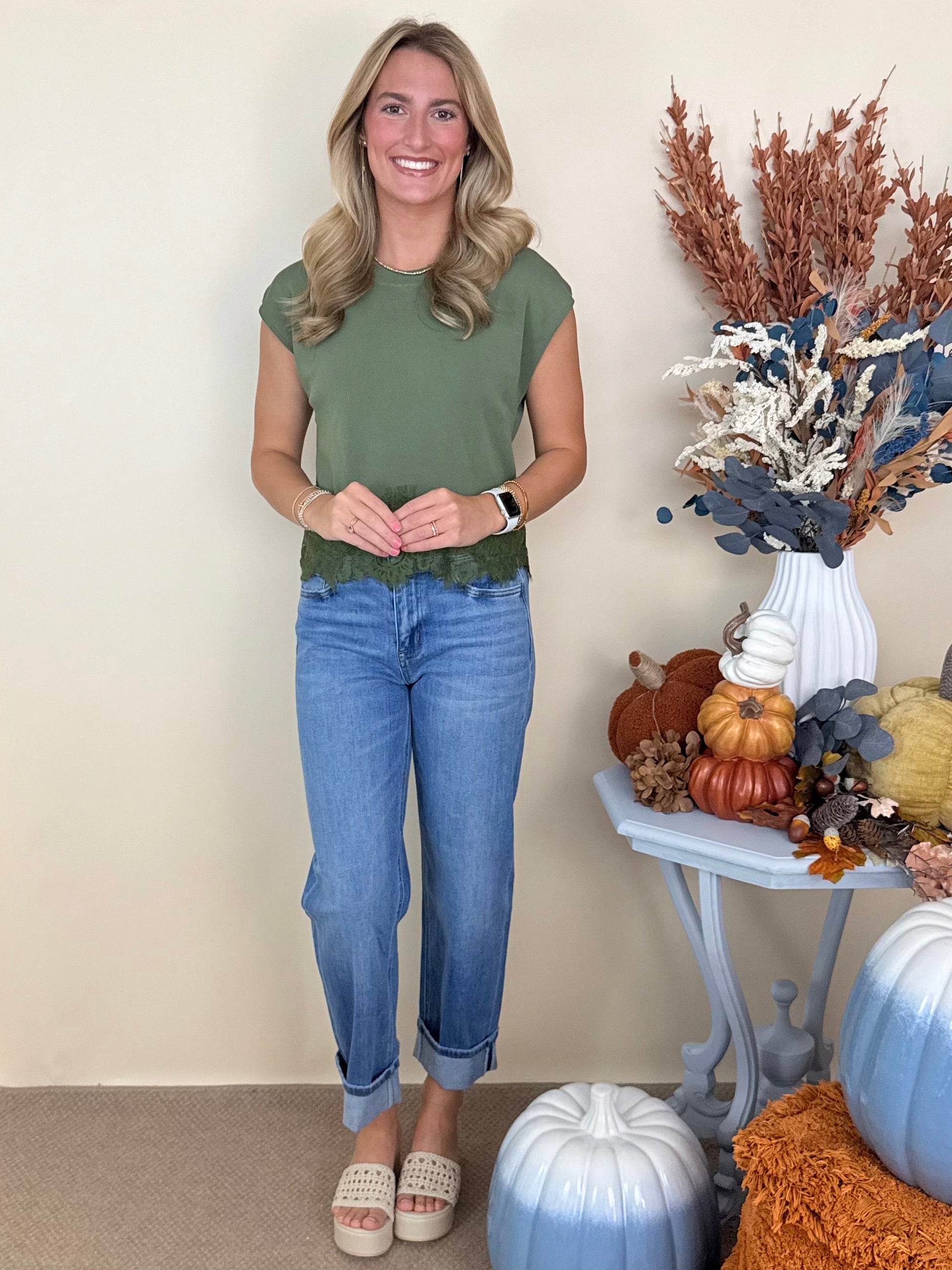 Boho Bliss Olive Lace Trim Sleeveless Sweater-Shop-Womens-Boutique-Clothing