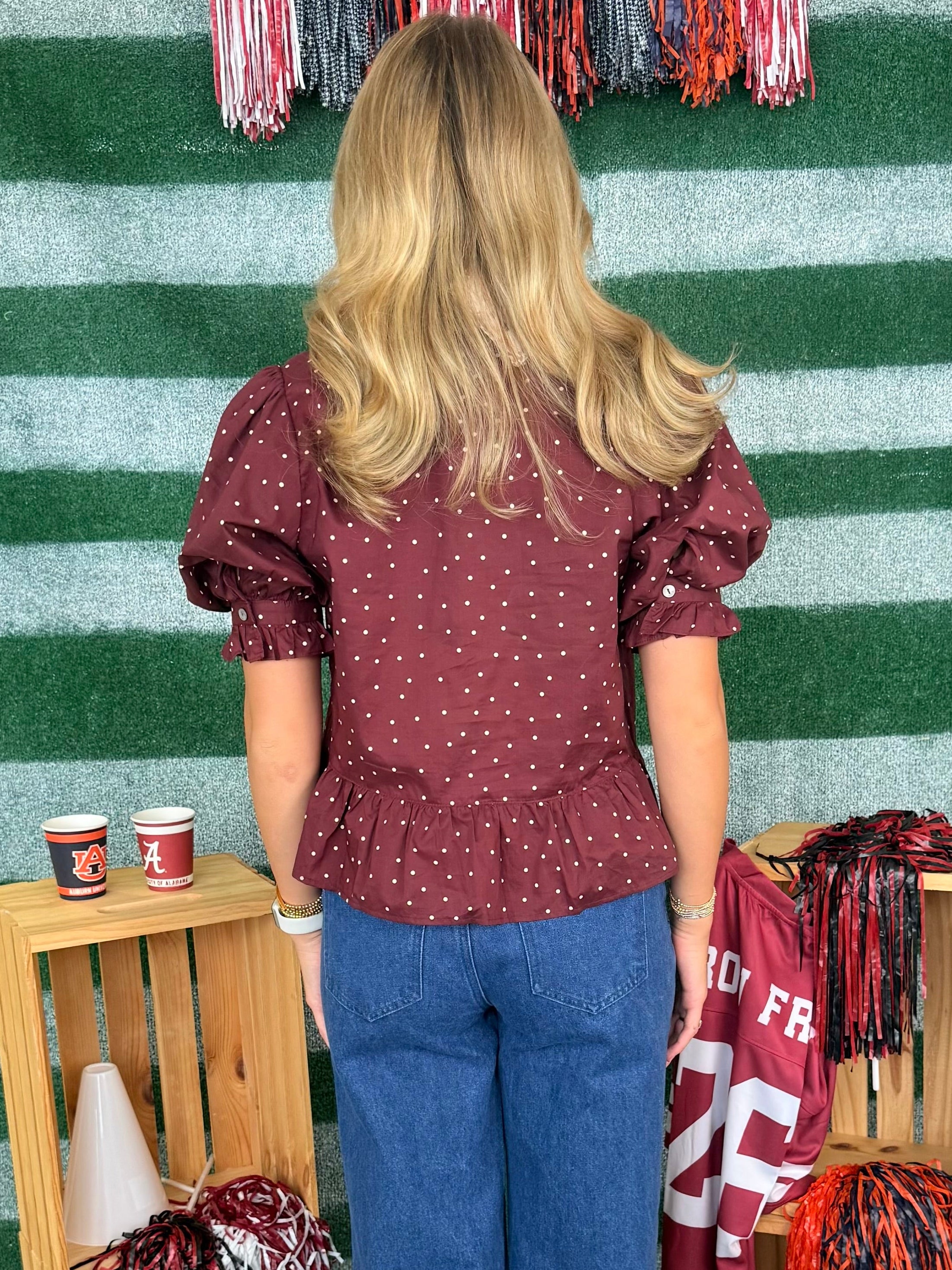 New Heights Plum Polka Dot Ruffle Detail Top-Shop-Womens-Boutique-Clothing