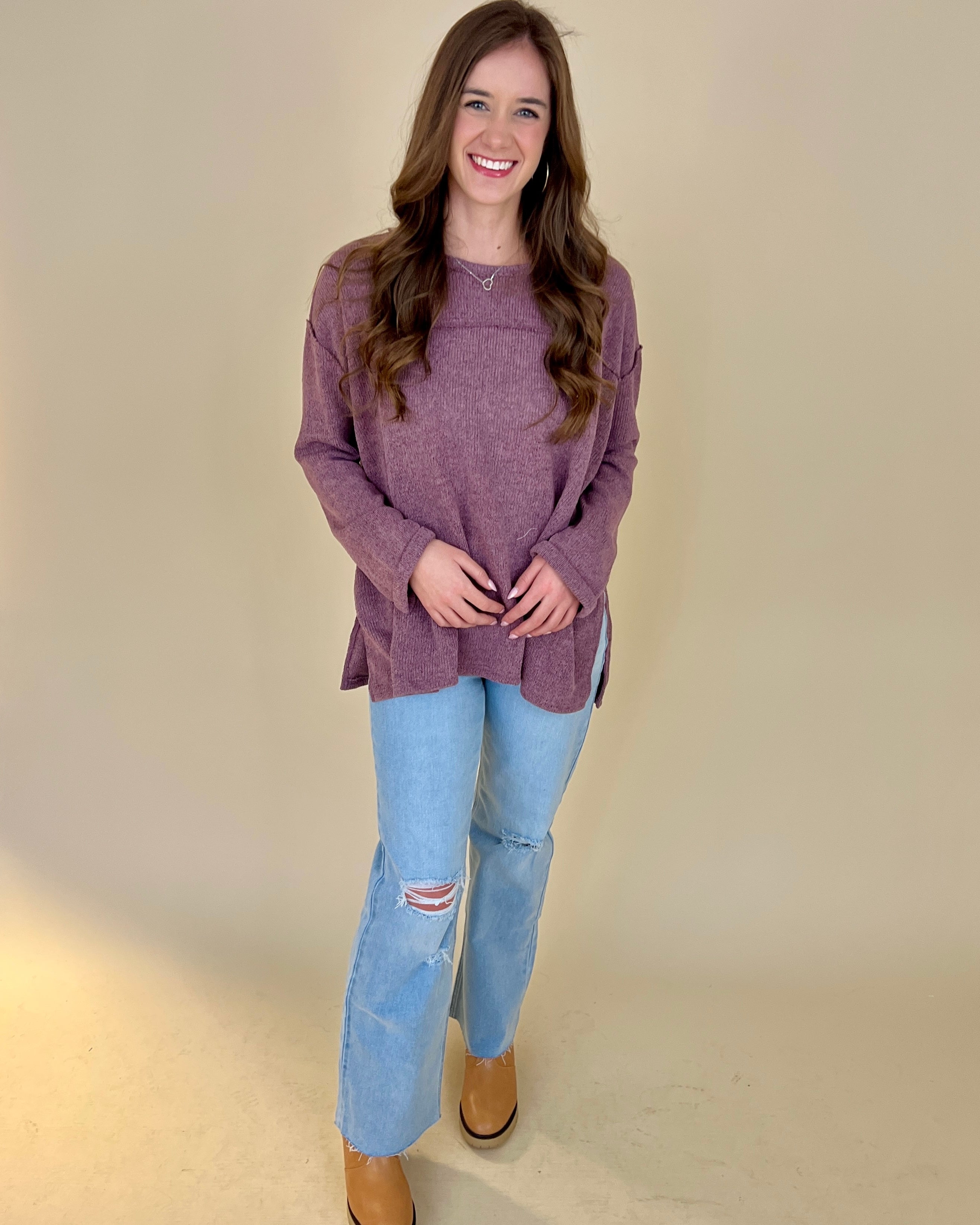 Call Me Later Taro Knit Boxy Raw Edge Top-Shop-Womens-Boutique-Clothing
