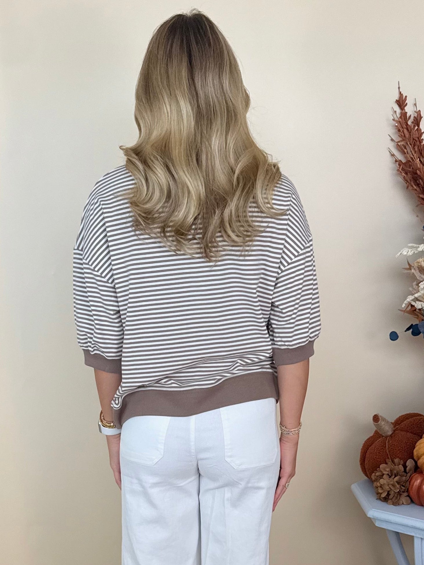 Weekend Wonder Cream/Mocha Striped Contrast Trim Top-Shop-Womens-Boutique-Clothing