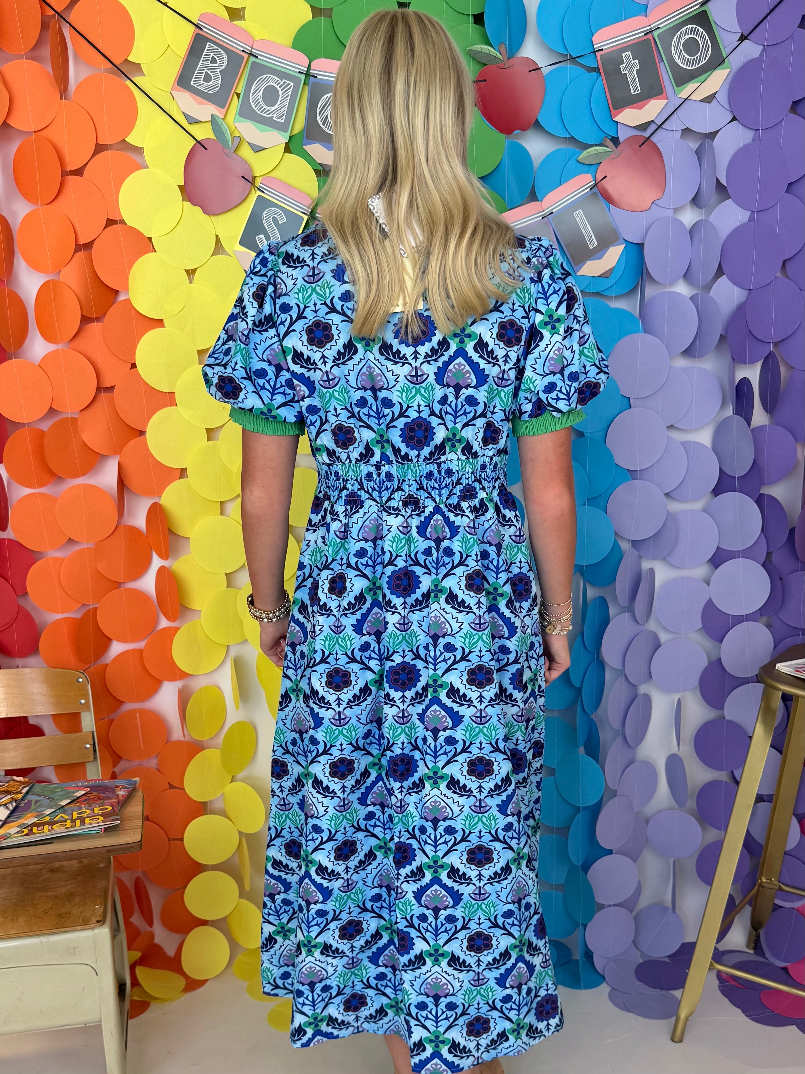 Simply Happy Blue Floral V-Neck Midi Dress-Shop-Womens-Boutique-Clothing