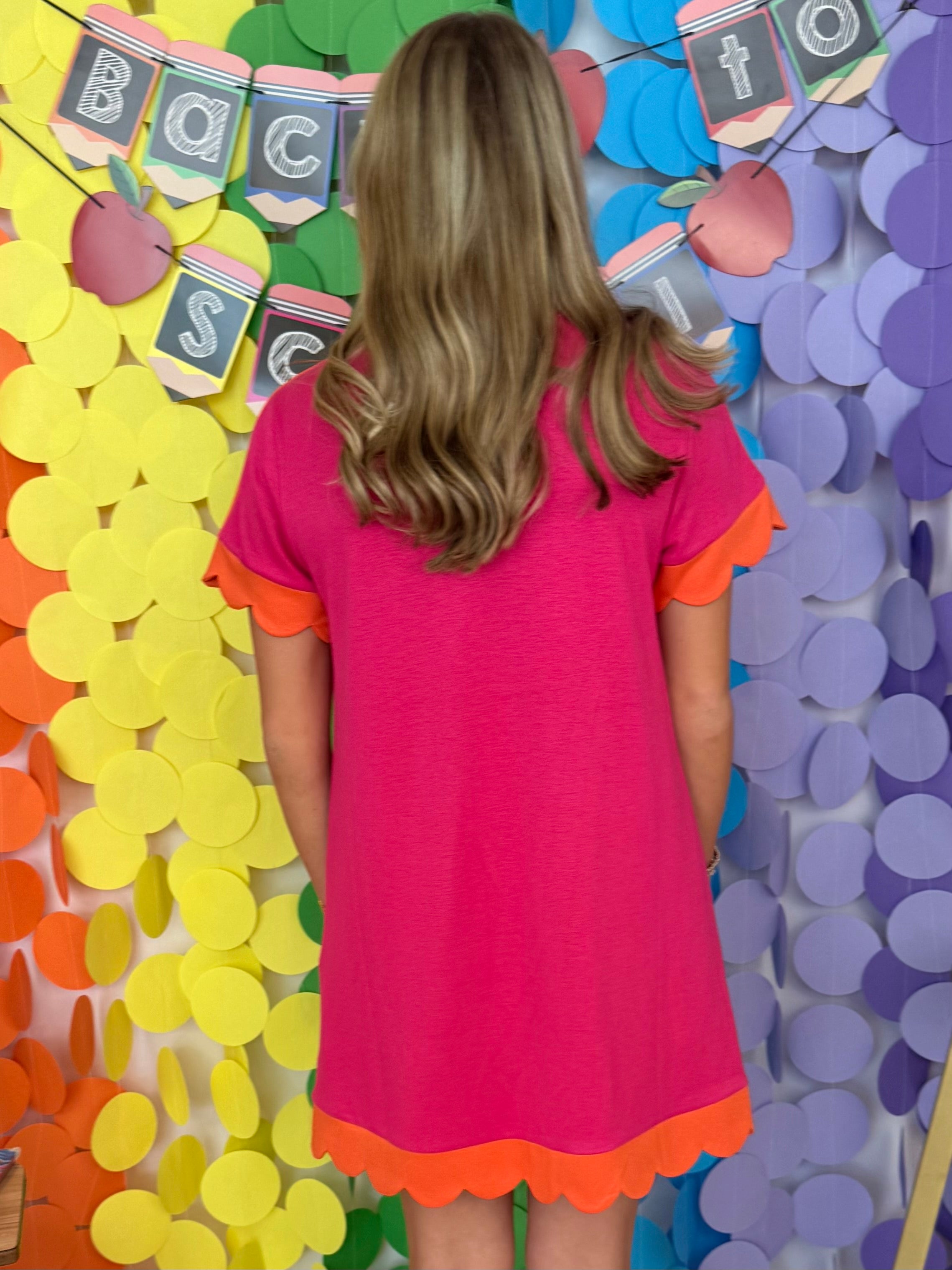 Rise and Shine Fuchsia/Orange Scalloped Contrast Dress-Shop-Womens-Boutique-Clothing