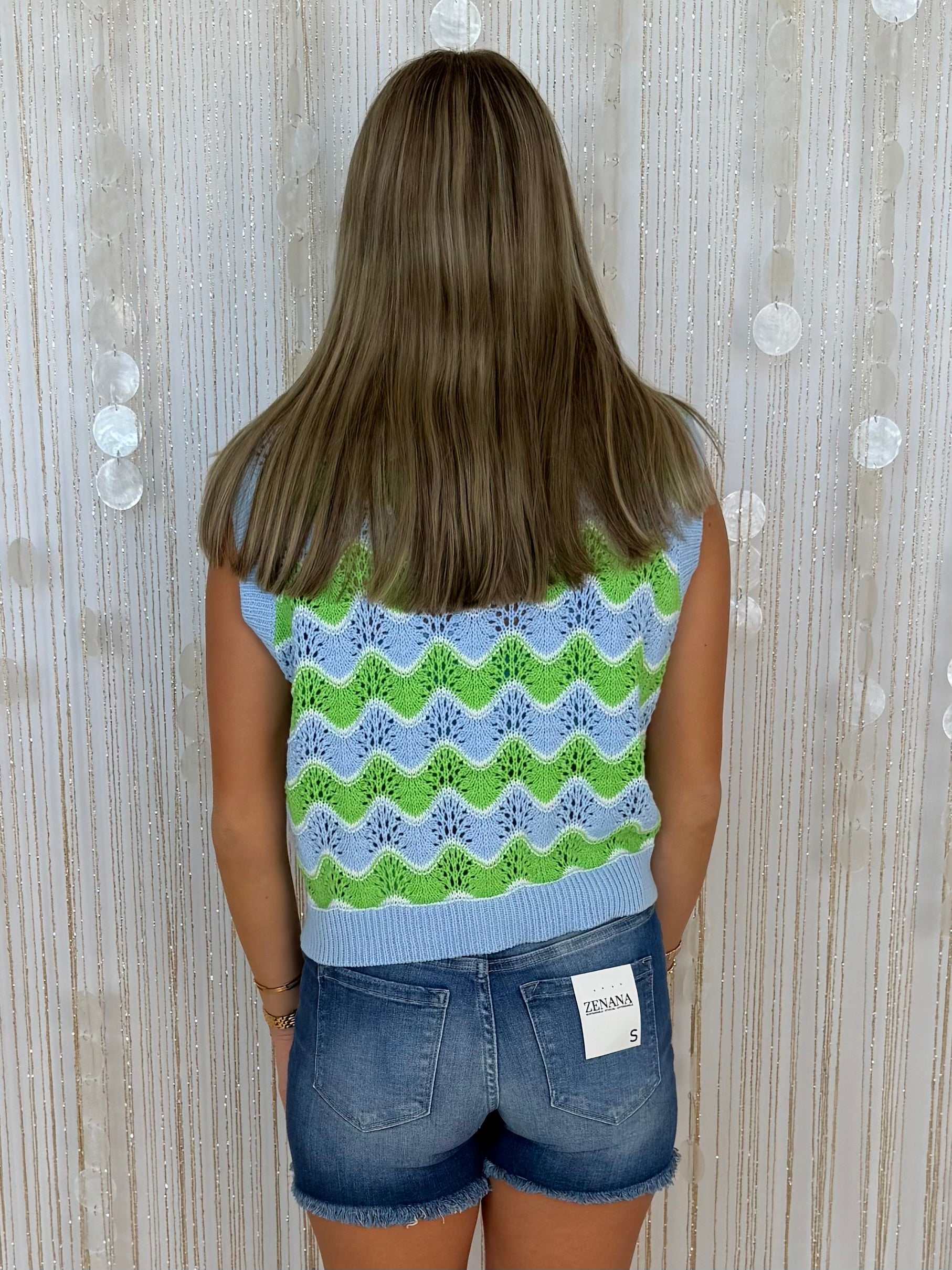 Blissfully Perfect Blue/Green Wavy Sleeveless Sweater-Shop-Womens-Boutique-Clothing