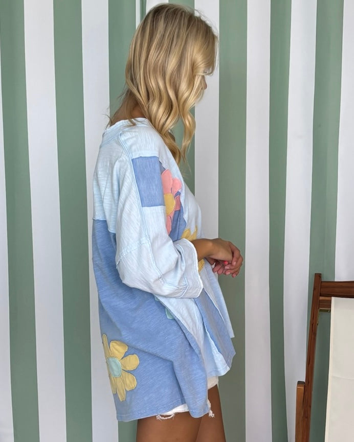 In Time Sky Blue Oversized Flower Top-Shop-Womens-Boutique-Clothing